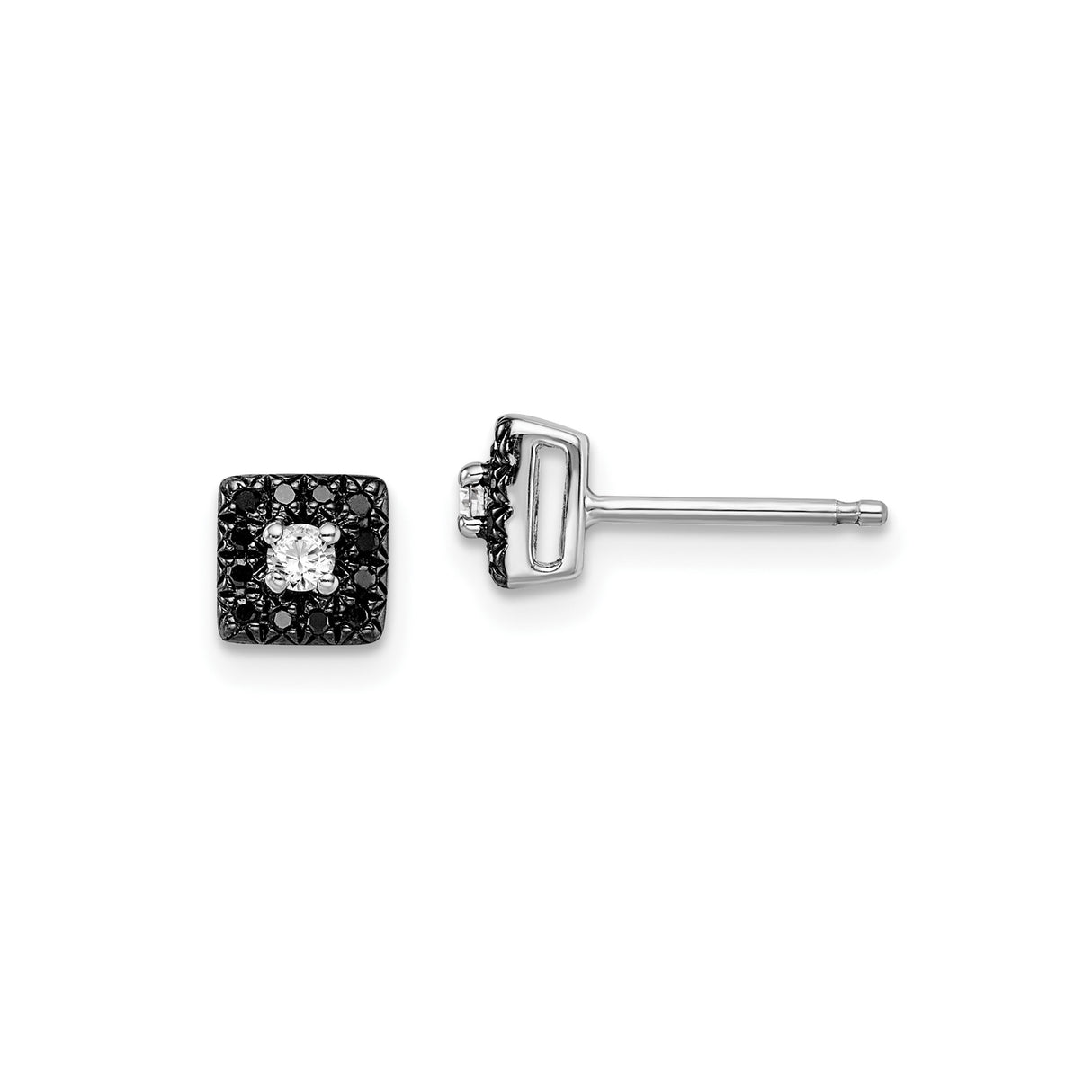 Sterling Silver Stud Earrings with Black Diamond and White Diamond Accents, Modern Square Design