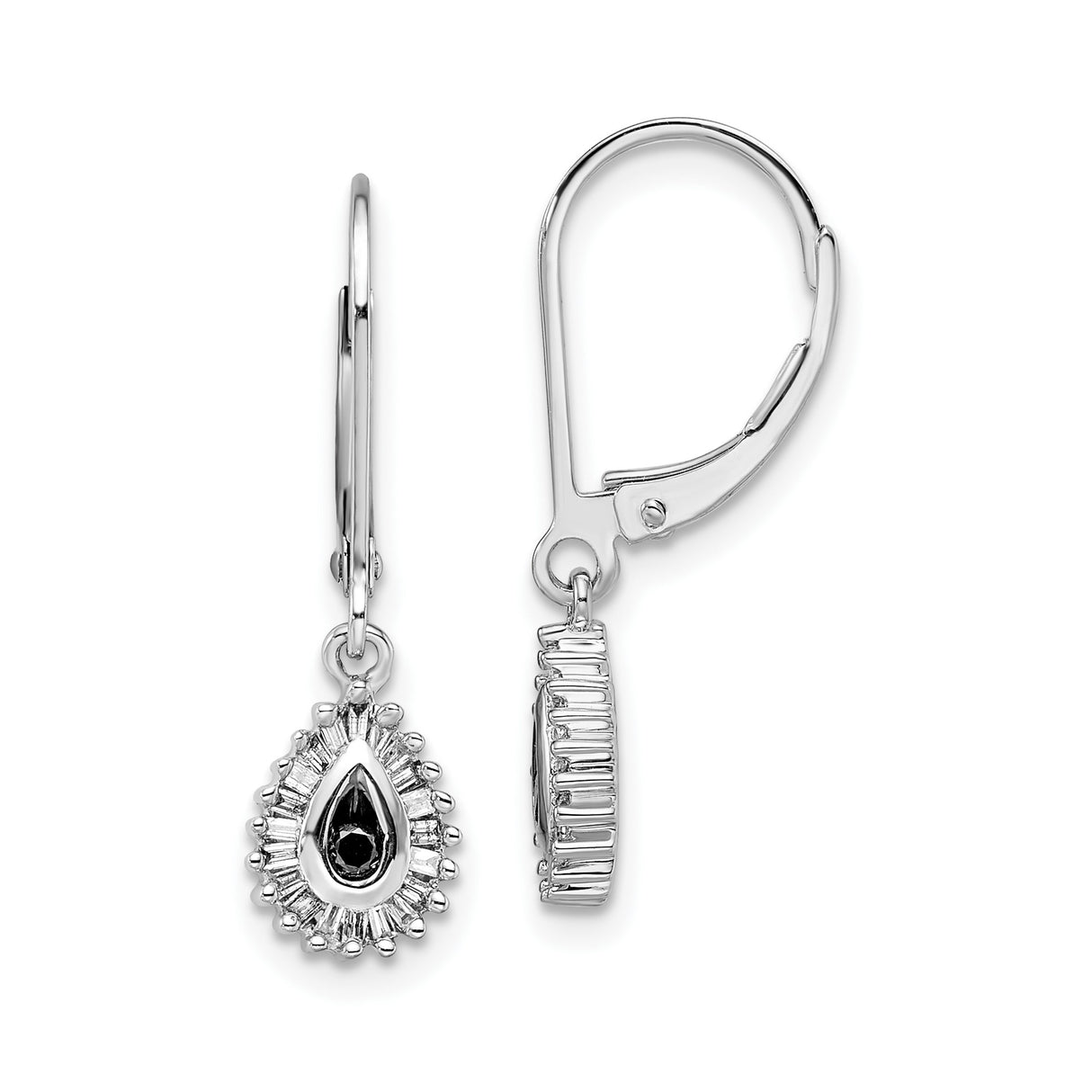 Sterling Silver Dangle Earrings with Black Stones and Diamond Accents in Sunburst Halo Design