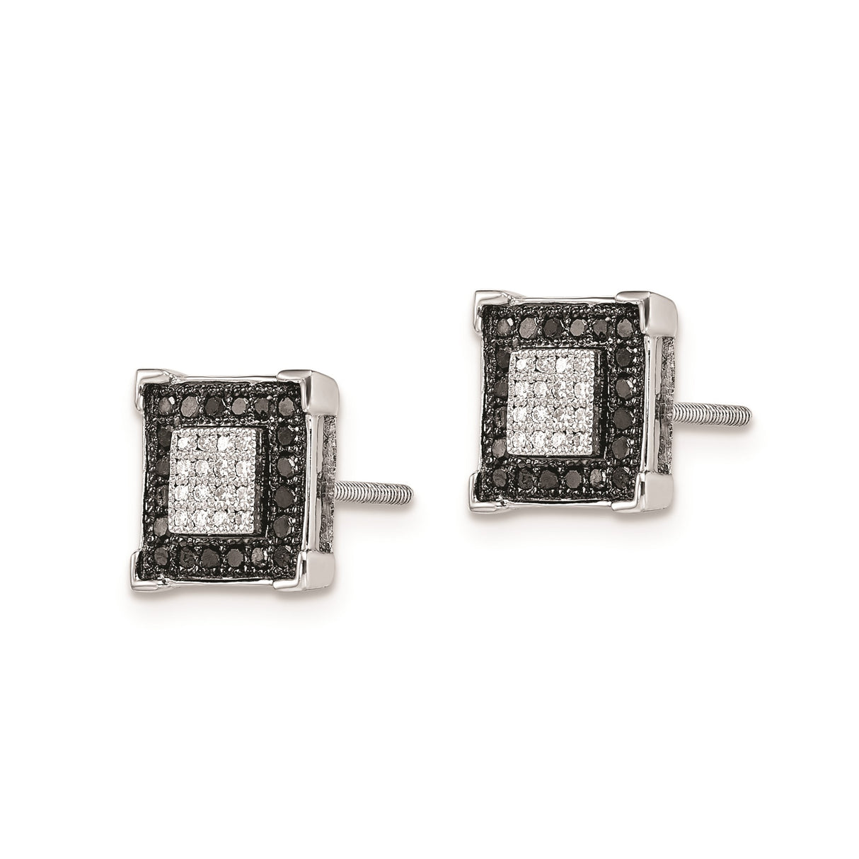 Sterling Silver Stud Earrings with Black Diamond and Diamond, Square Cluster Design, Mens Urban Style