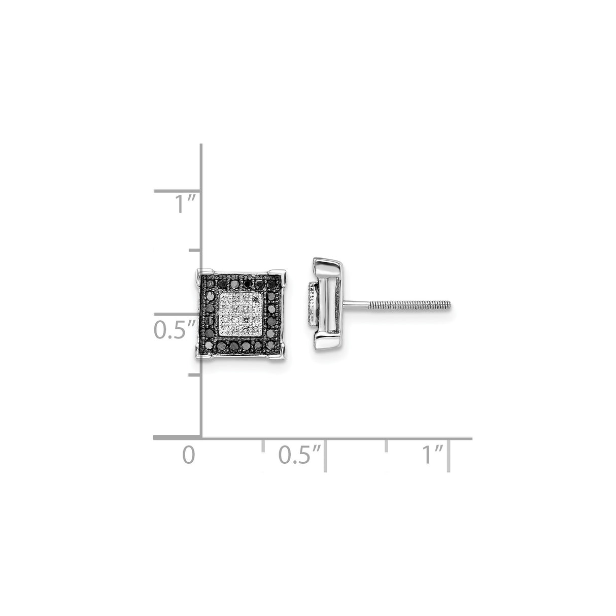 Sterling Silver Stud Earrings with Black Diamond and Diamond, Square Cluster Design, Mens Urban Style