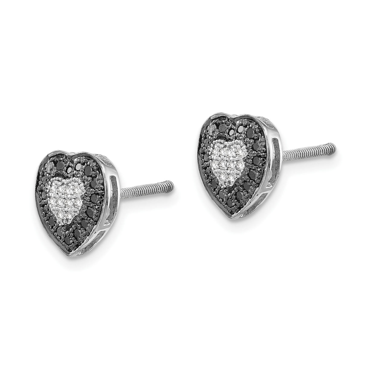 Sterling Silver Heart Stud Earrings with Black and White Diamonds, Romantic Jewelry for Women