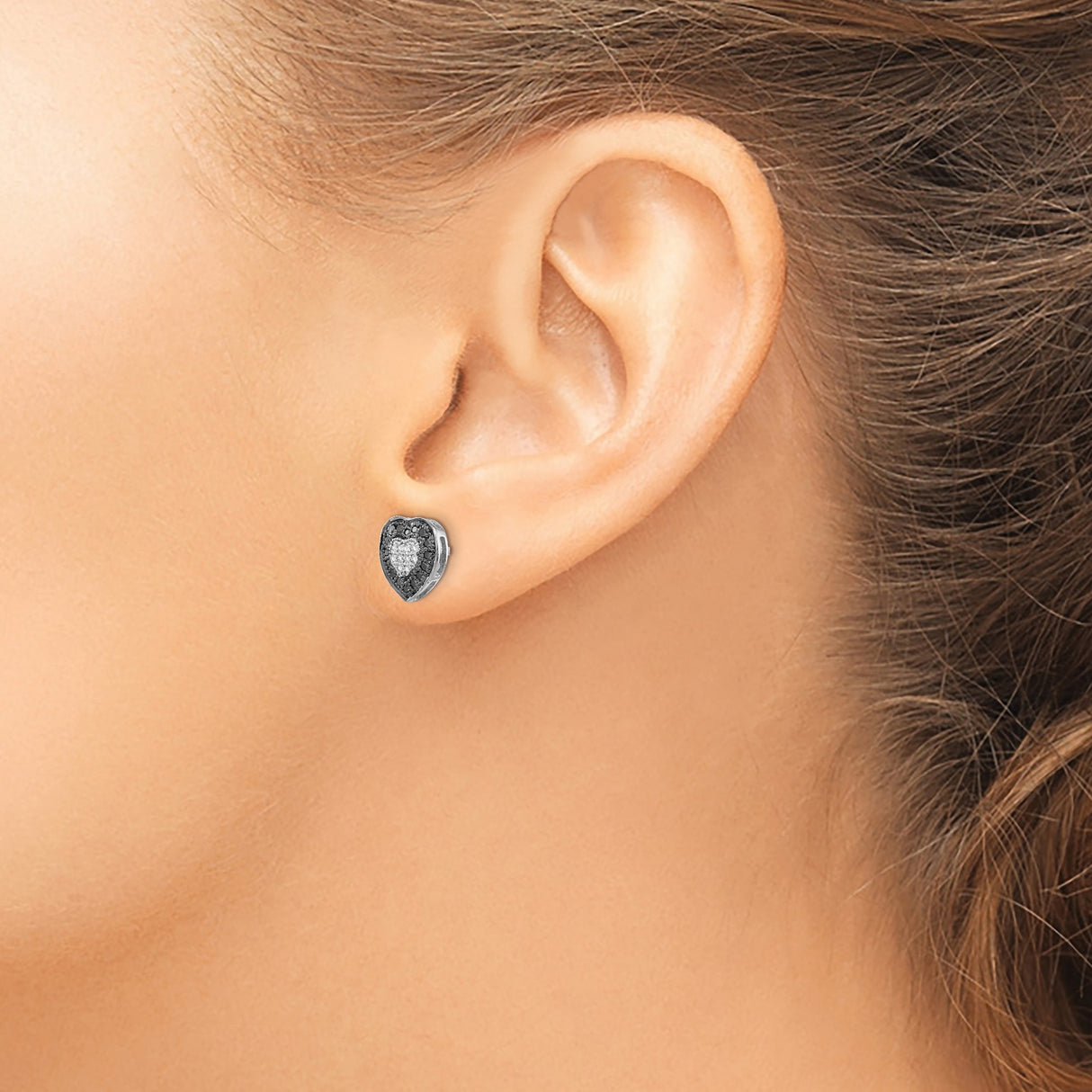 Sterling Silver Heart Stud Earrings with Black and White Diamonds, Romantic Jewelry for Women