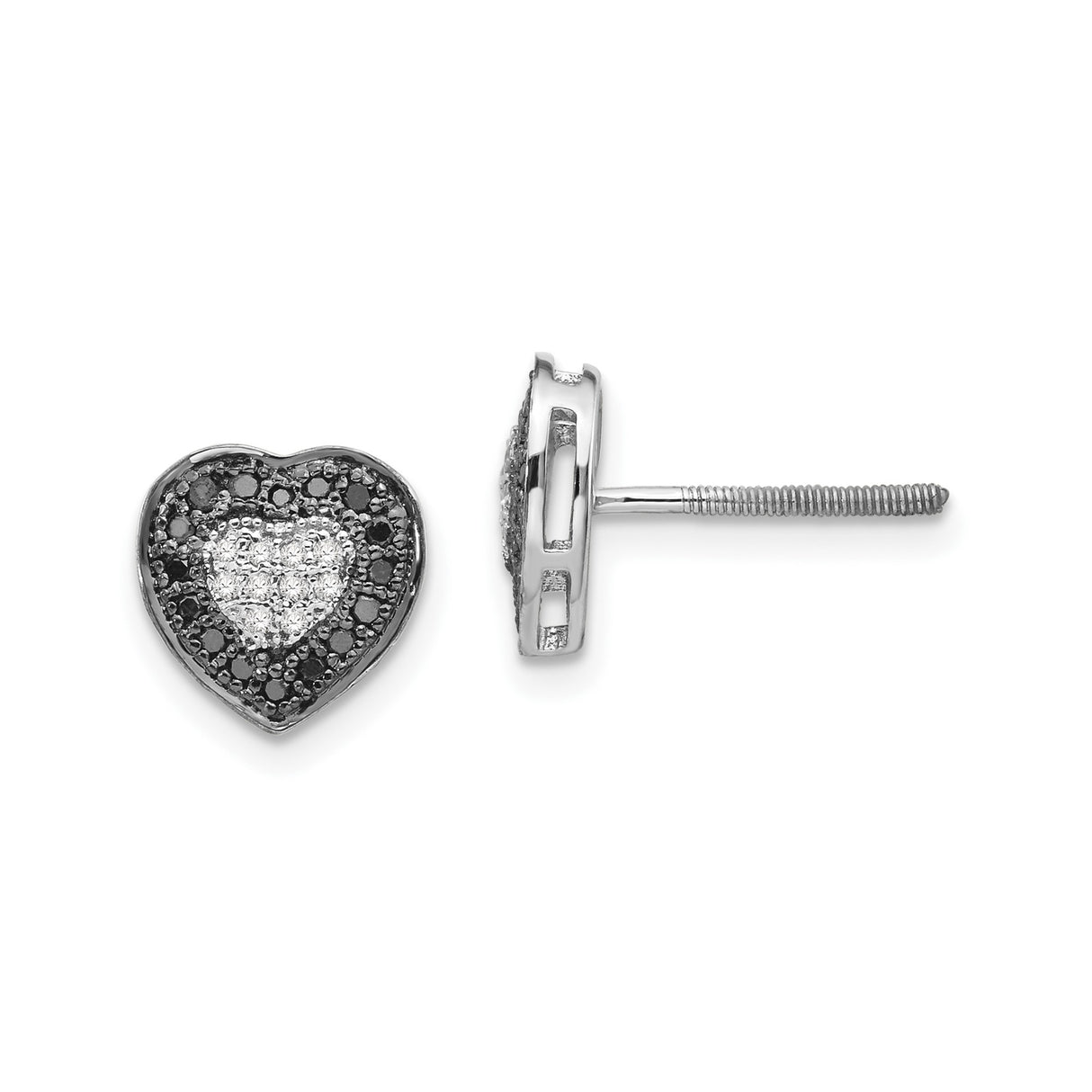 Sterling Silver Heart Stud Earrings with Black and White Diamonds, Romantic Jewelry for Women
