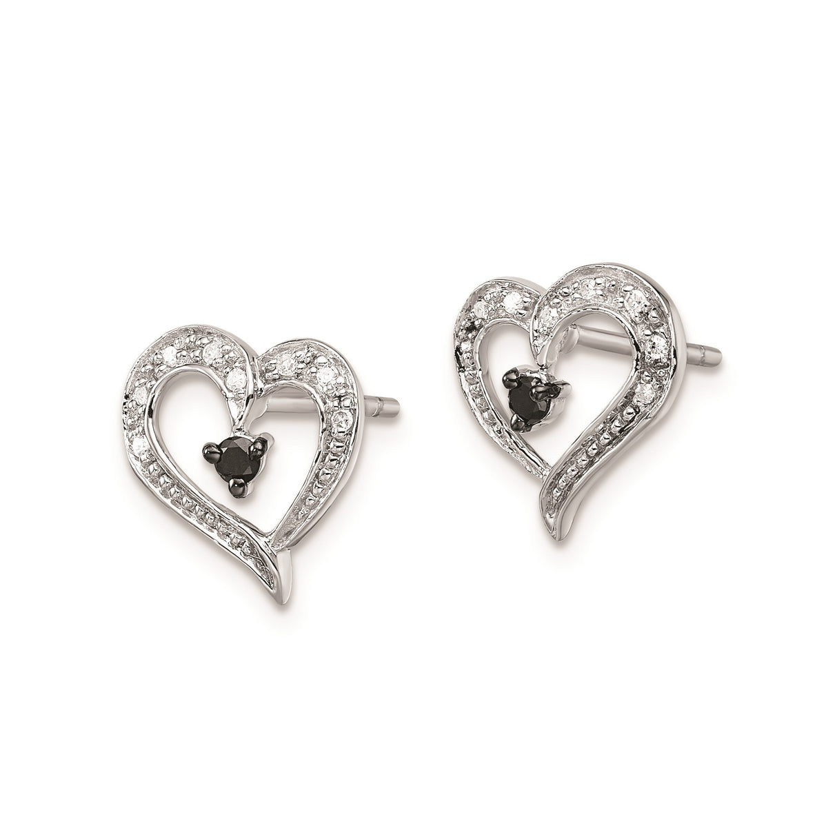 Sterling Silver Heart Shaped Stud Earrings with Black Diamond Center and Pavé Detailing
