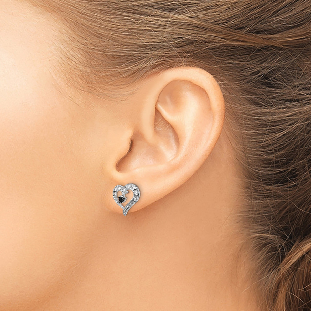 Sterling Silver Heart Shaped Stud Earrings with Black Diamond Center and Pavé Detailing