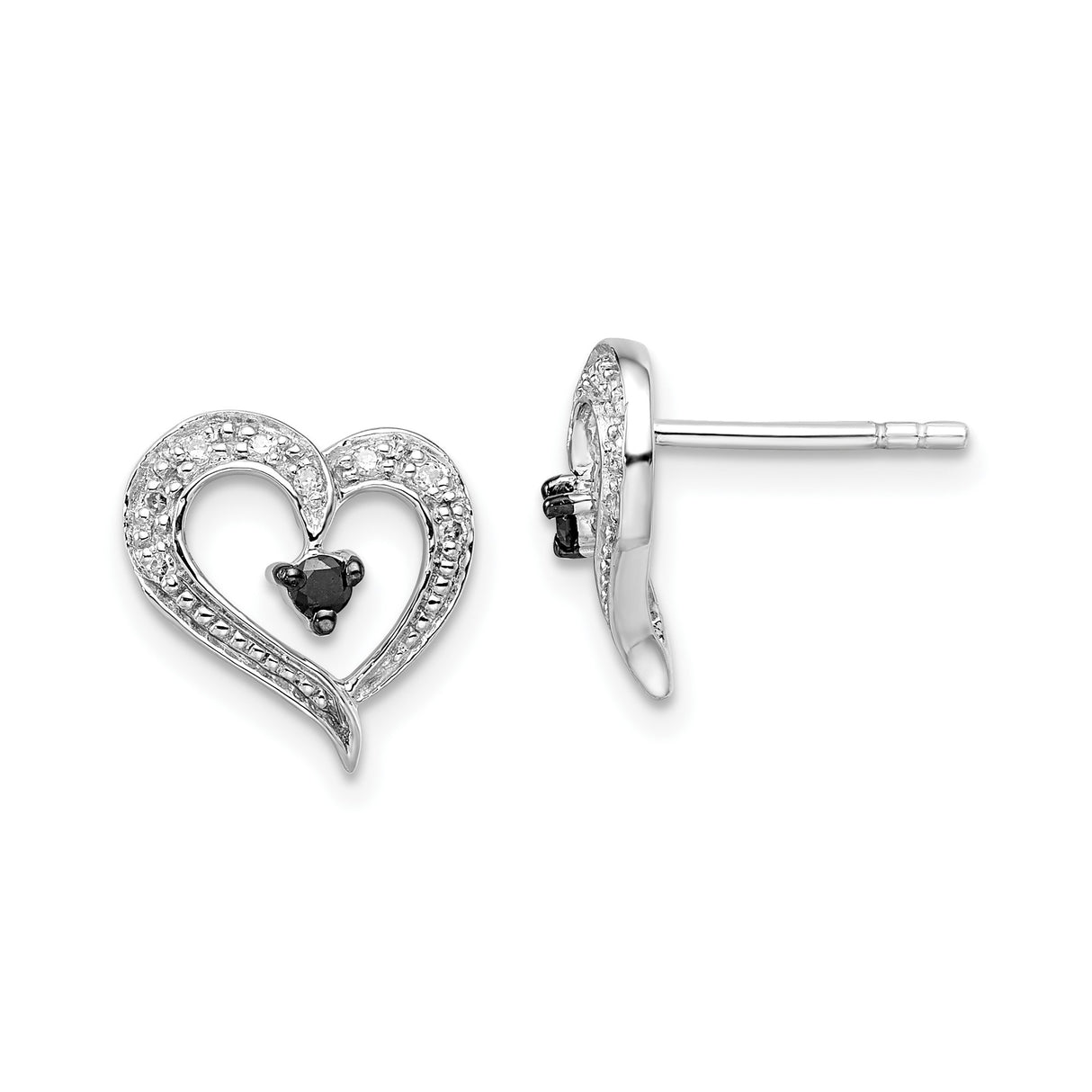Sterling Silver Heart Shaped Stud Earrings with Black Diamond Center and Pavé Detailing