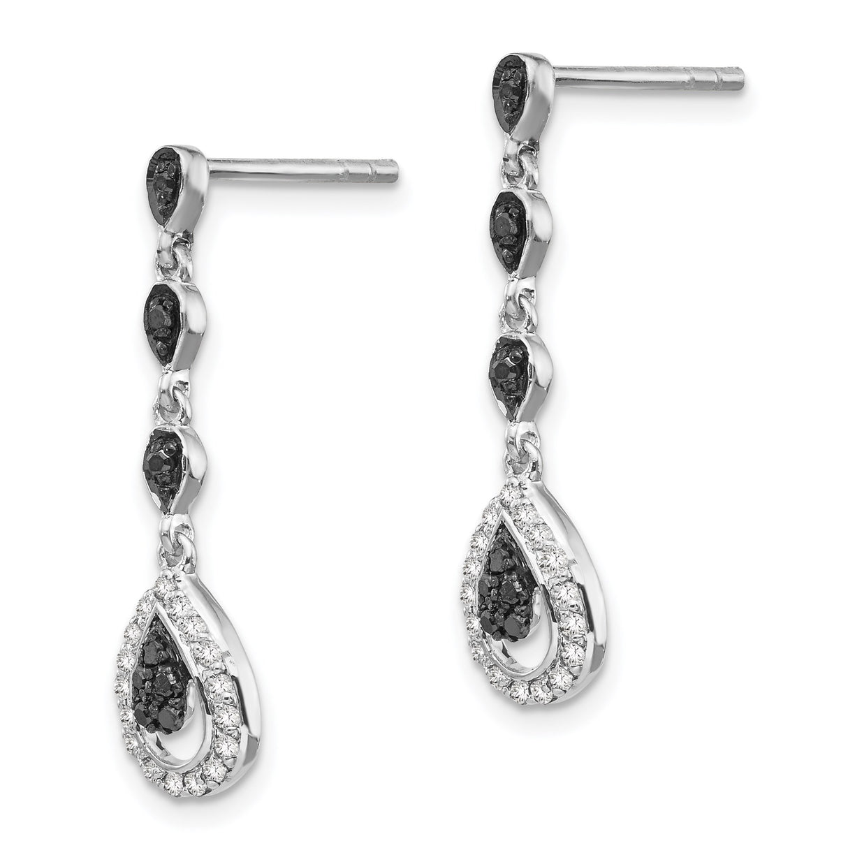 Sterling Silver Dangle Earrings with Black and White Diamonds Teardrop Design