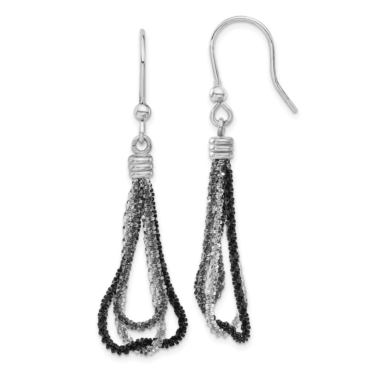 Sterling Silver Dangle Earrings with Multi-Strand Black and Silver Beaded Chains, Teardrop Design