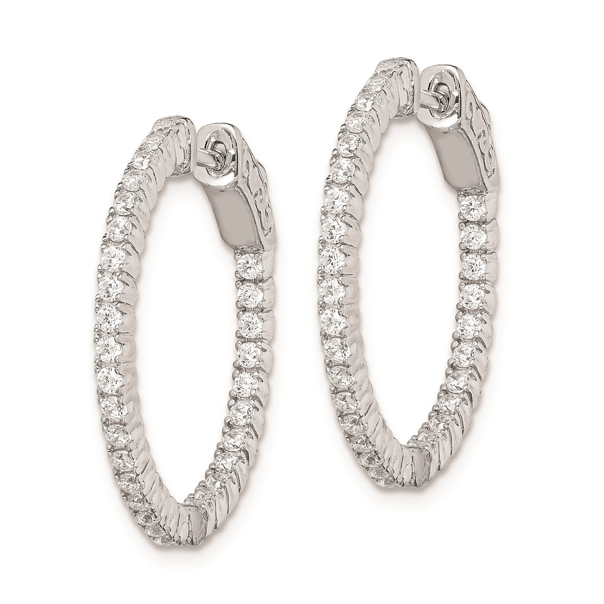 Sterling Silver Hoop Earrings with Cubic Zirconia, Inside-Out Hinged Lightweight Design