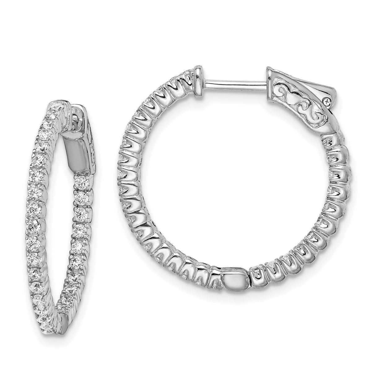 Sterling Silver Hoop Earrings with Cubic Zirconia, Inside-Out Hinged Lightweight Design