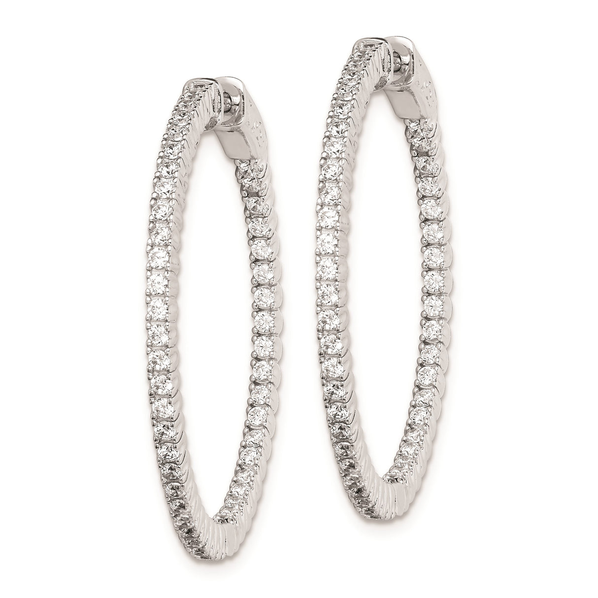 Sterling Silver Hoop Earrings with Double Row Cubic Zirconia, Hinged Back Round Design
