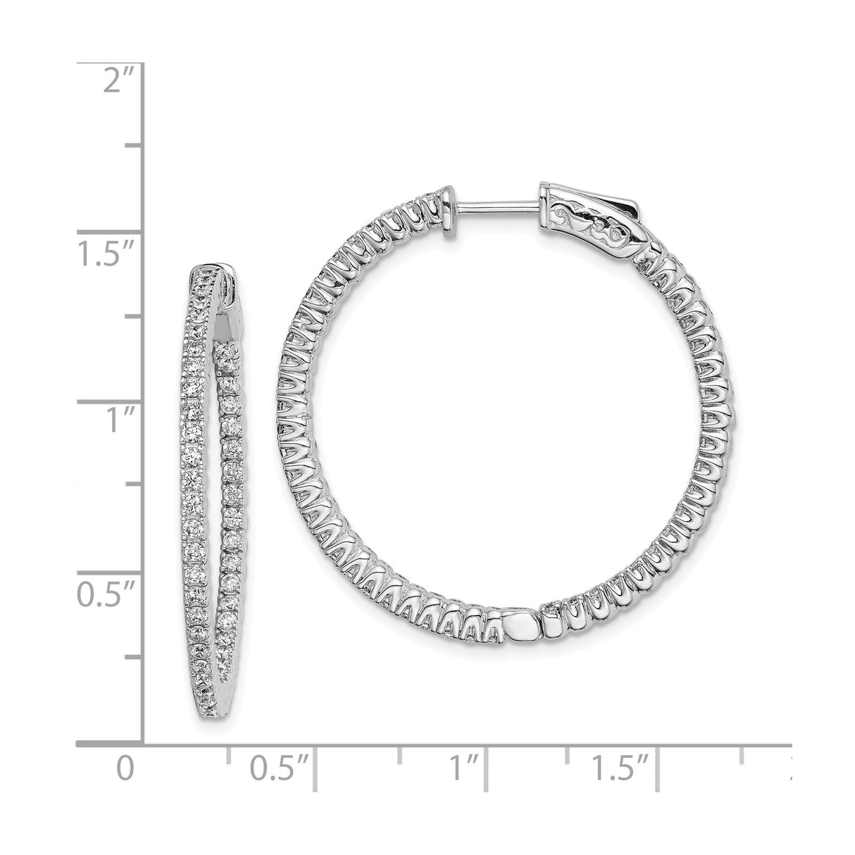 Sterling Silver Hoop Earrings with Double Row Cubic Zirconia, Hinged Back Round Design