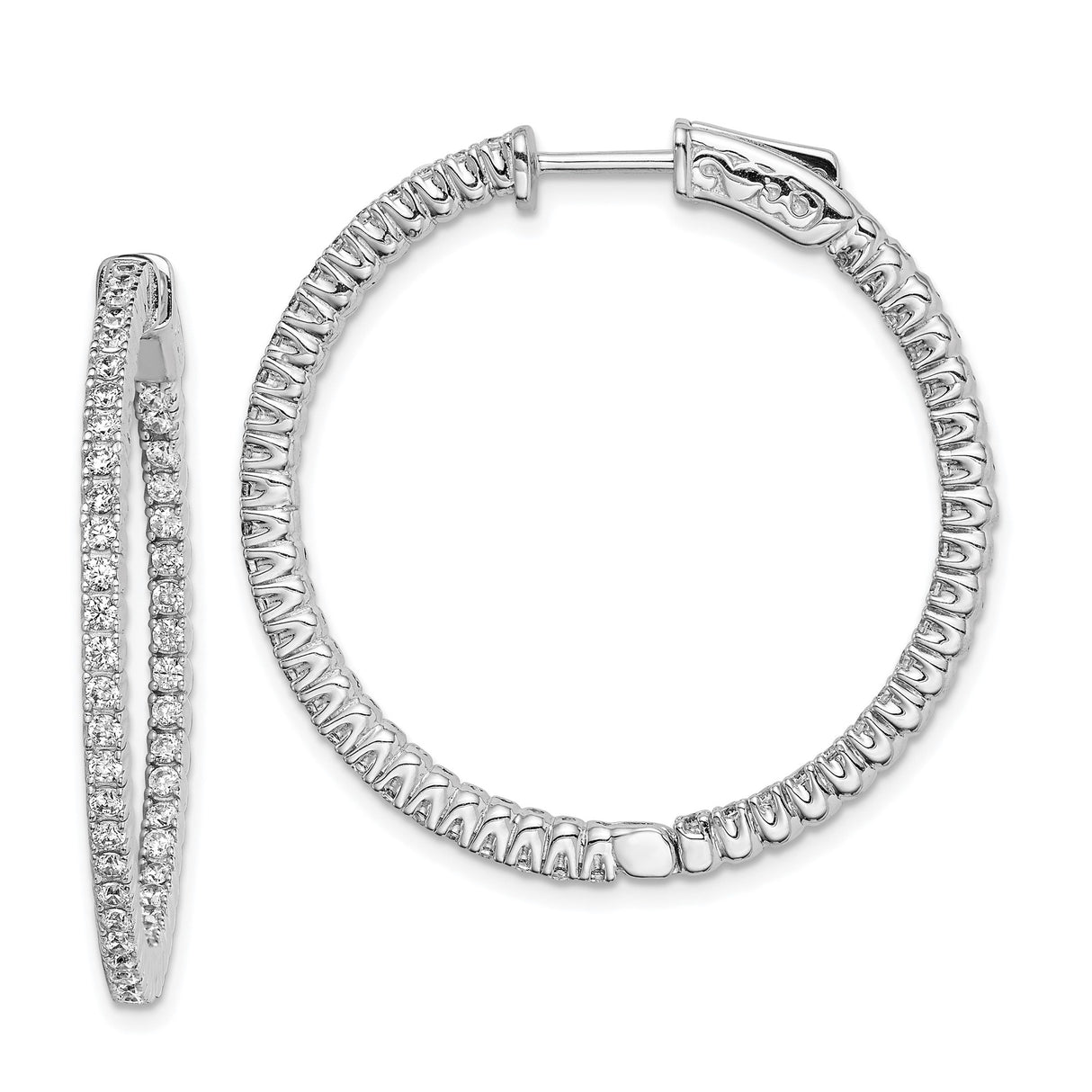 Sterling Silver Hoop Earrings with Double Row Cubic Zirconia, Hinged Back Round Design