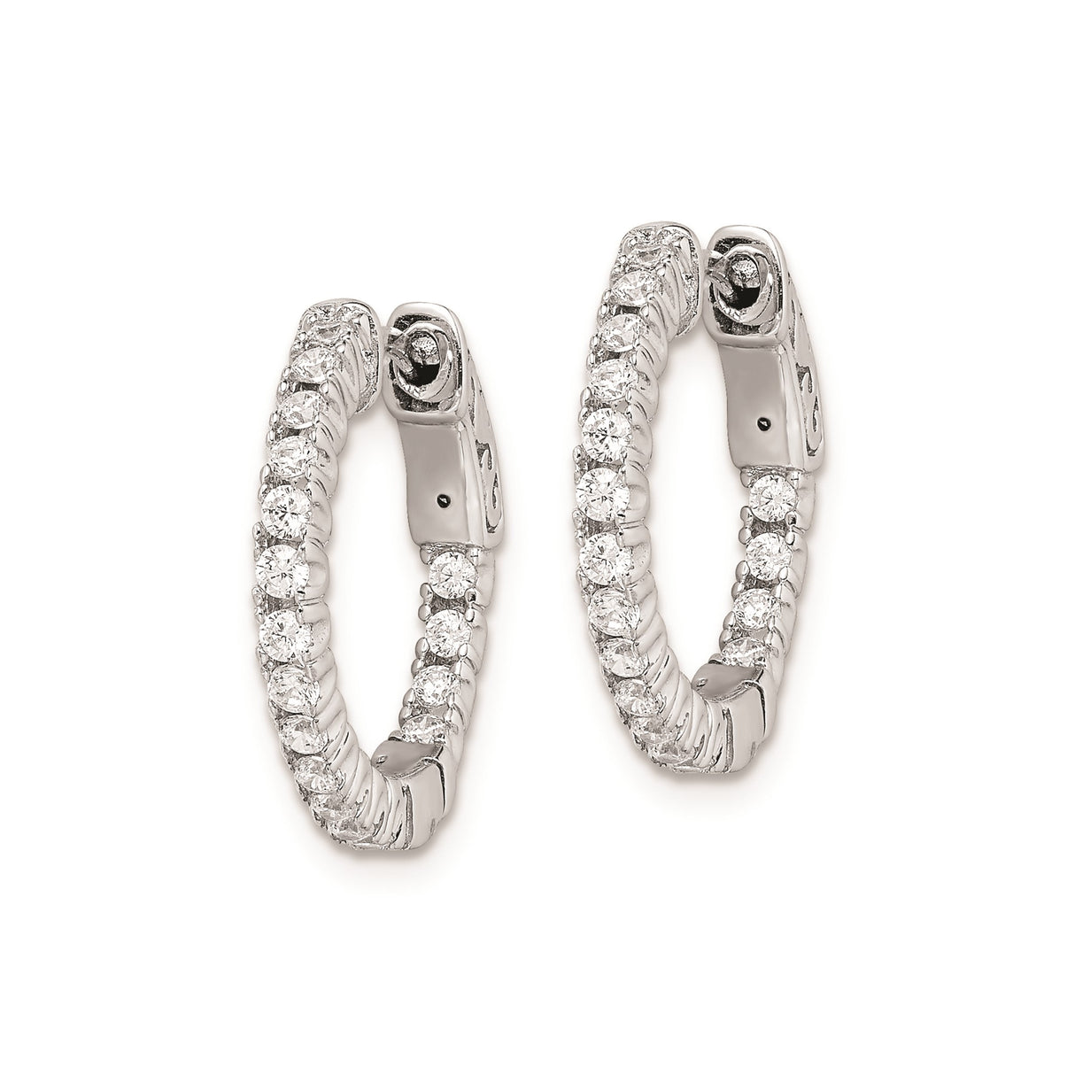 Sterling Silver Hoop Earrings with Cubic Zirconia, Scrollwork Back, Round Cut Front Design