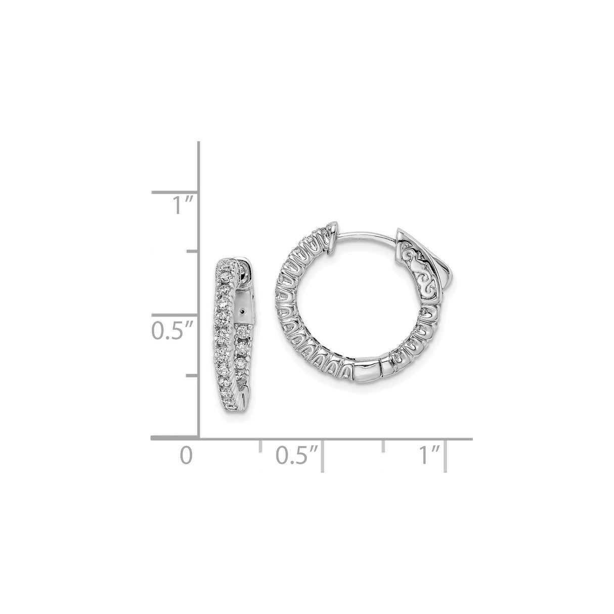 Sterling Silver Hoop Earrings with Cubic Zirconia, Scrollwork Back, Round Cut Front Design