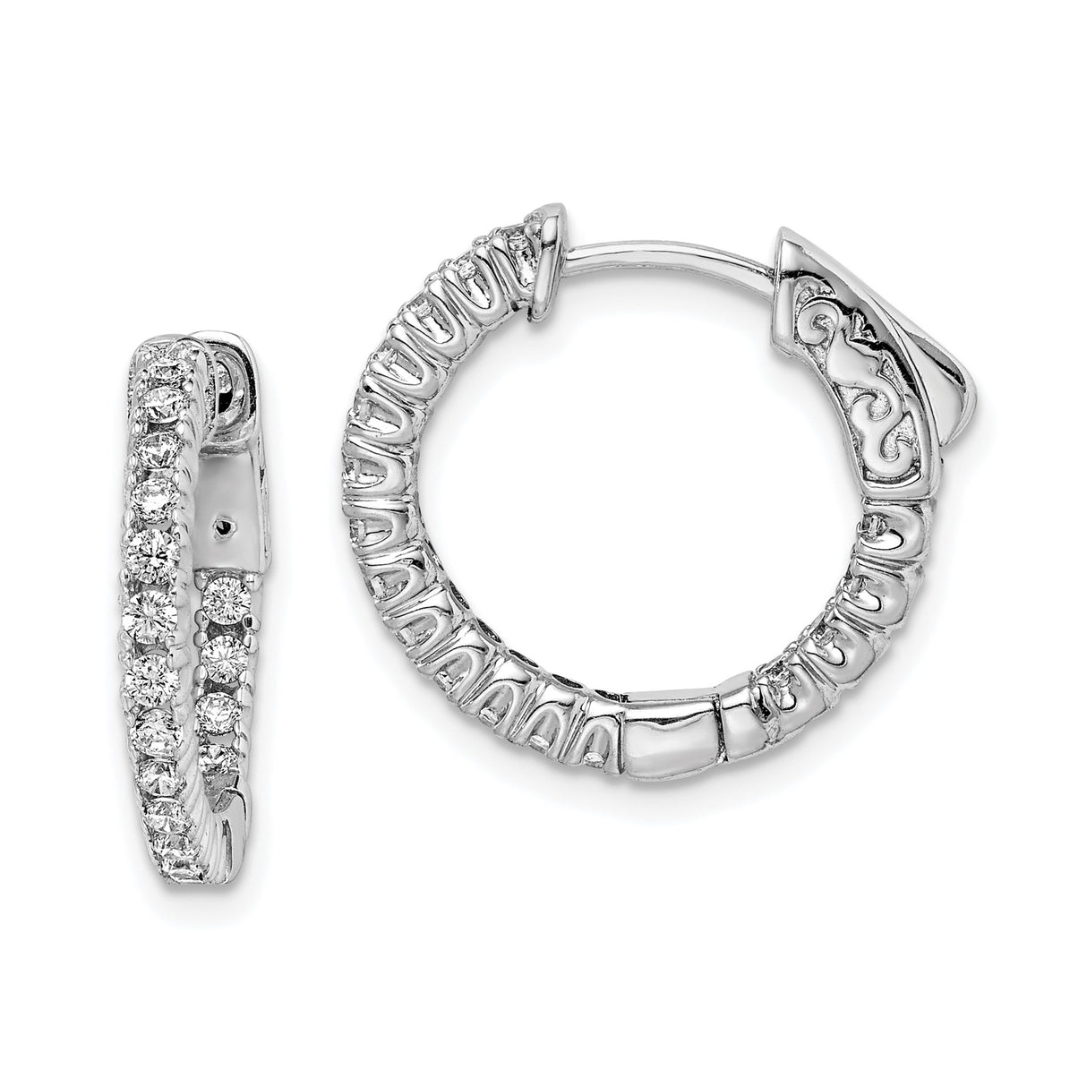 Sterling Silver Hoop Earrings with Cubic Zirconia, Scrollwork Back, Round Cut Front Design