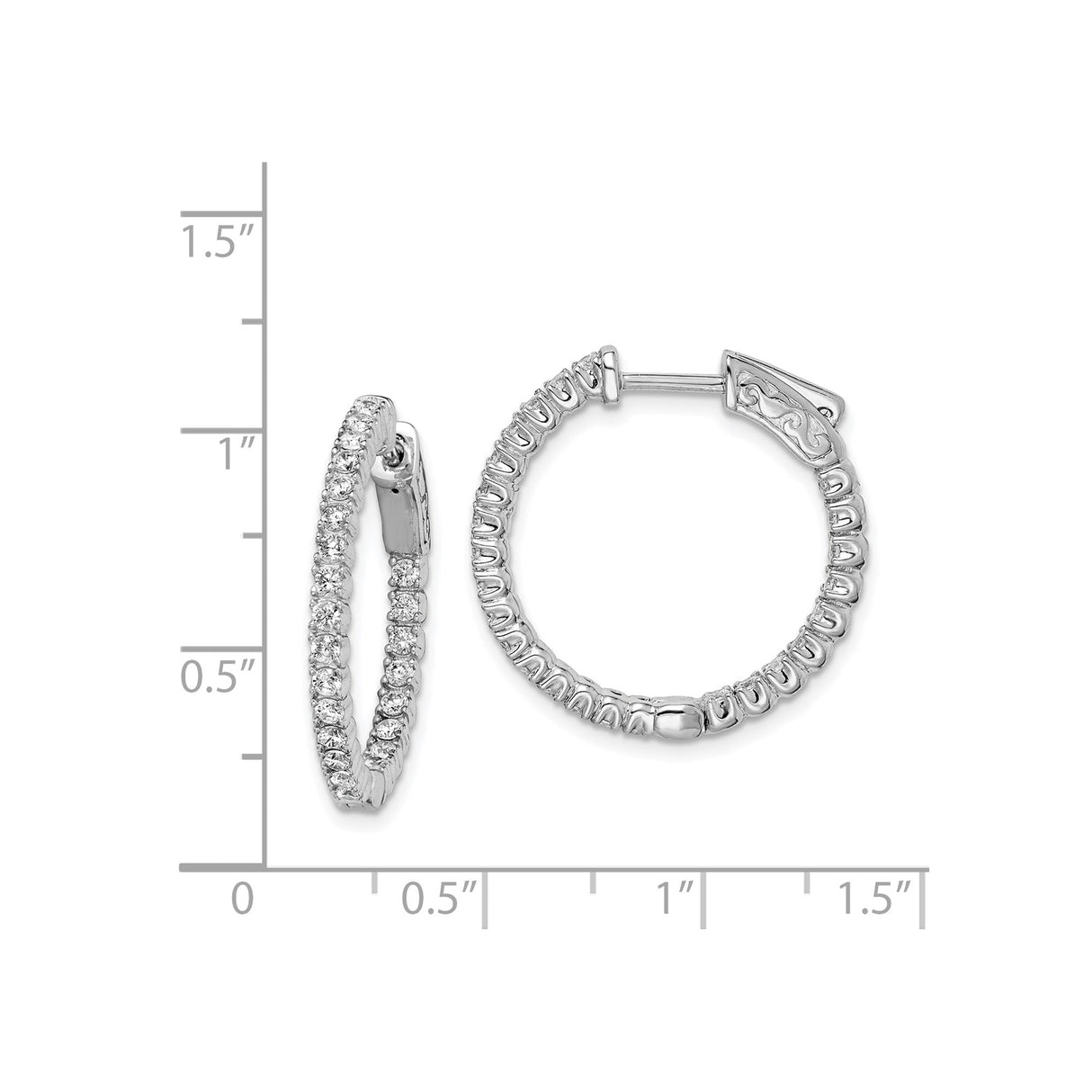 Sterling Silver Hoop Earrings with Cubic Zirconia, In-Out Pave Style, High Polish Finish