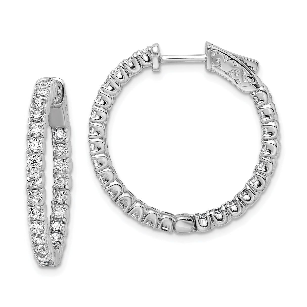 Sterling Silver Hoop Earrings with Round-Cut Cubic Zirconia in Inside-Out Shared Prong Setting
