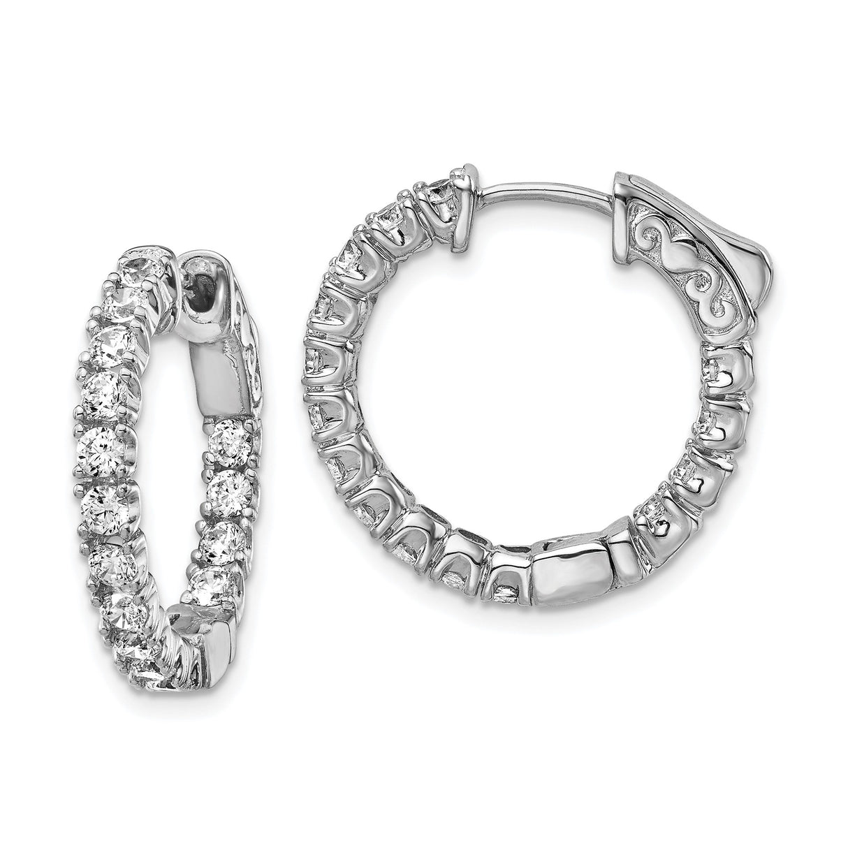 Sterling Silver Hoop Earrings with Round Cut Cubic Zirconia, Full Circle Prong Set Design