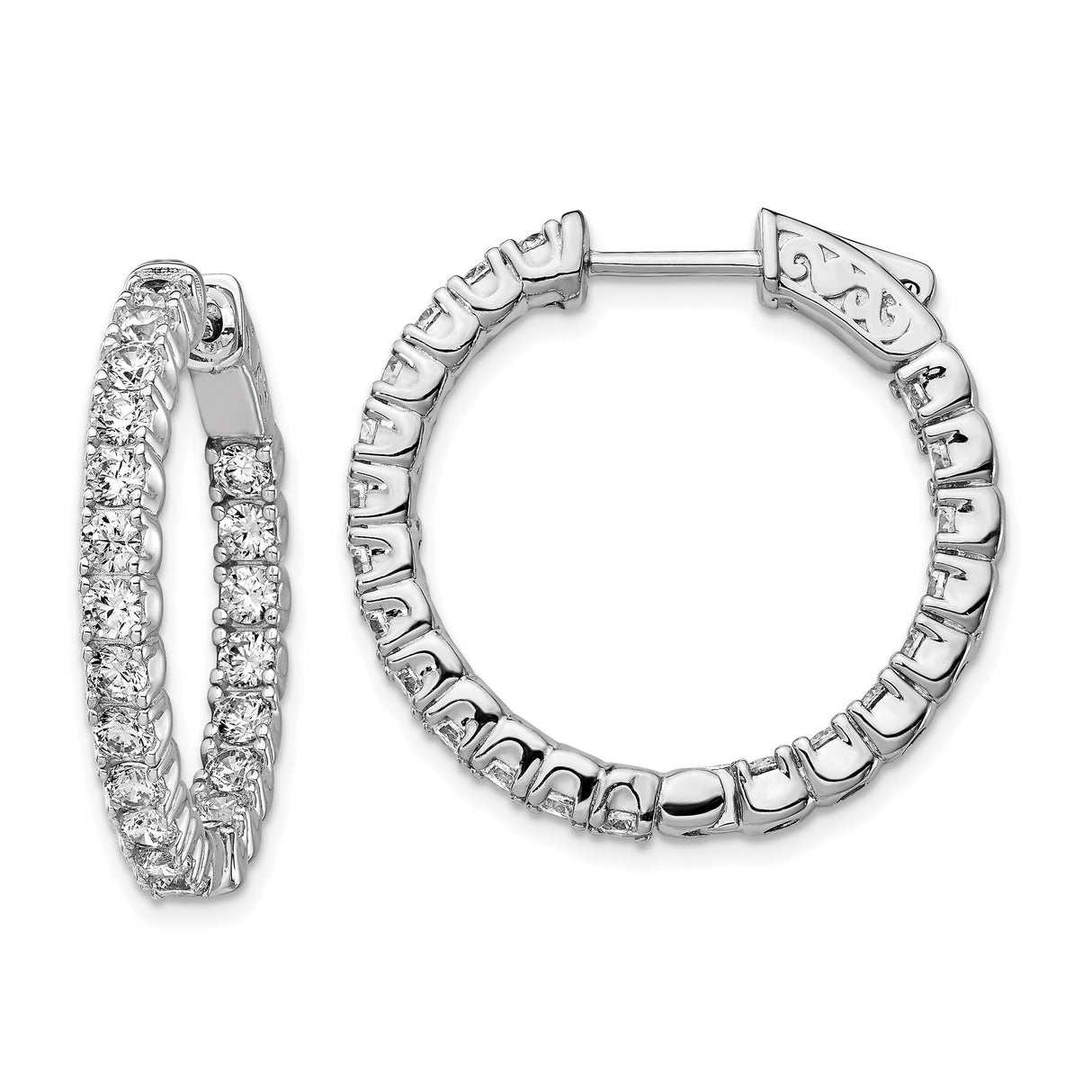 Sterling Silver Hoop Earrings with Round Cubic Zirconia, Inside-Out Hinged Design