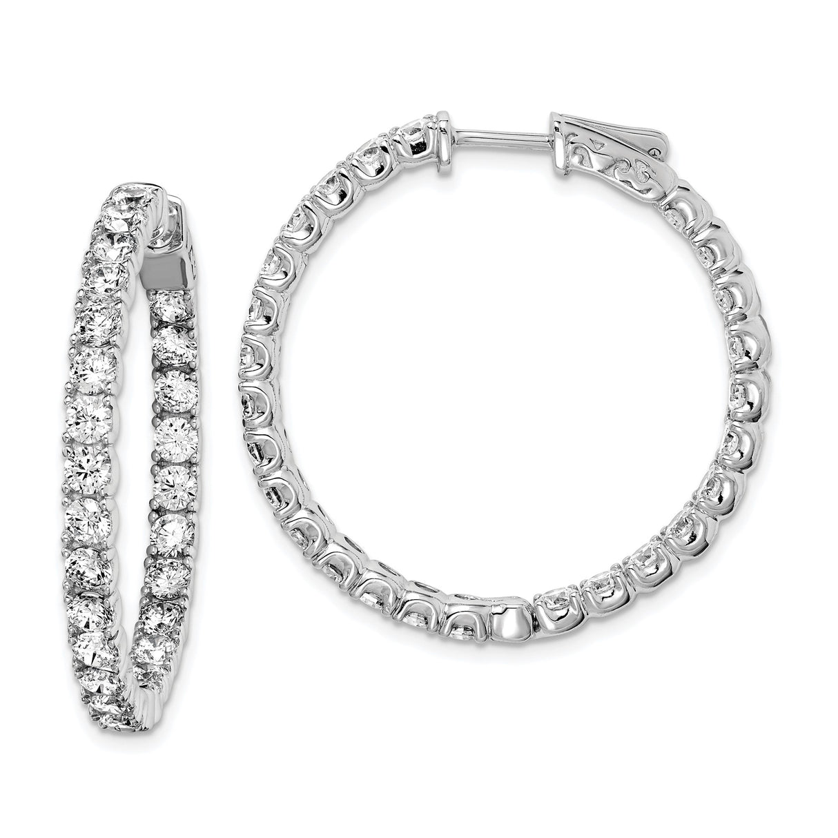 Sterling Silver Hoop Earrings with Round Cut Cubic Zirconia, Inside Out Polished Design