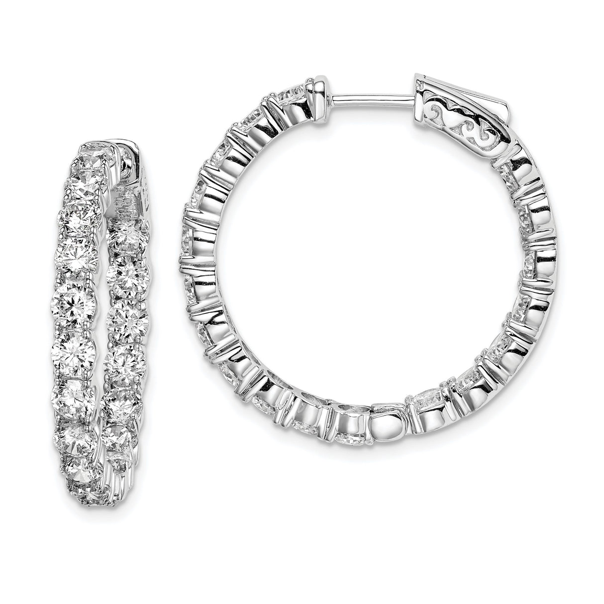 Sterling Silver Hoop Earrings with Round Cut Cubic Zirconia in Prong Setting