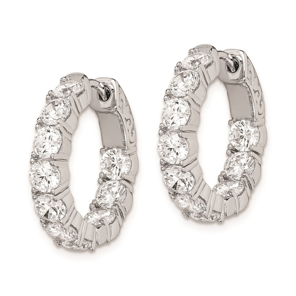 Sterling Silver Hoop Earrings with Cubic Zirconia, Prong Setting, Polished Finish, Scroll Detail