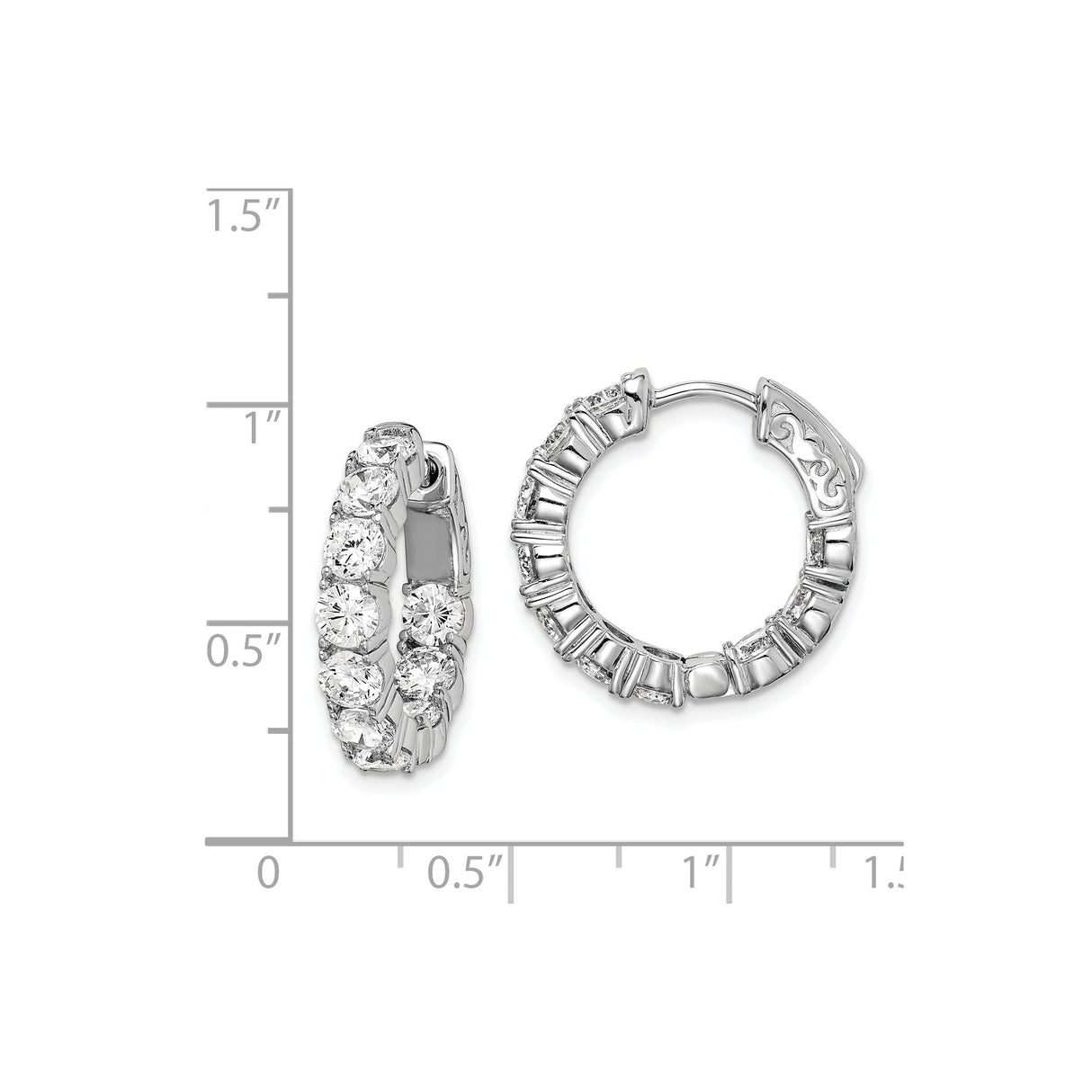 Sterling Silver Hoop Earrings with Cubic Zirconia, Prong Setting, Polished Finish, Scroll Detail