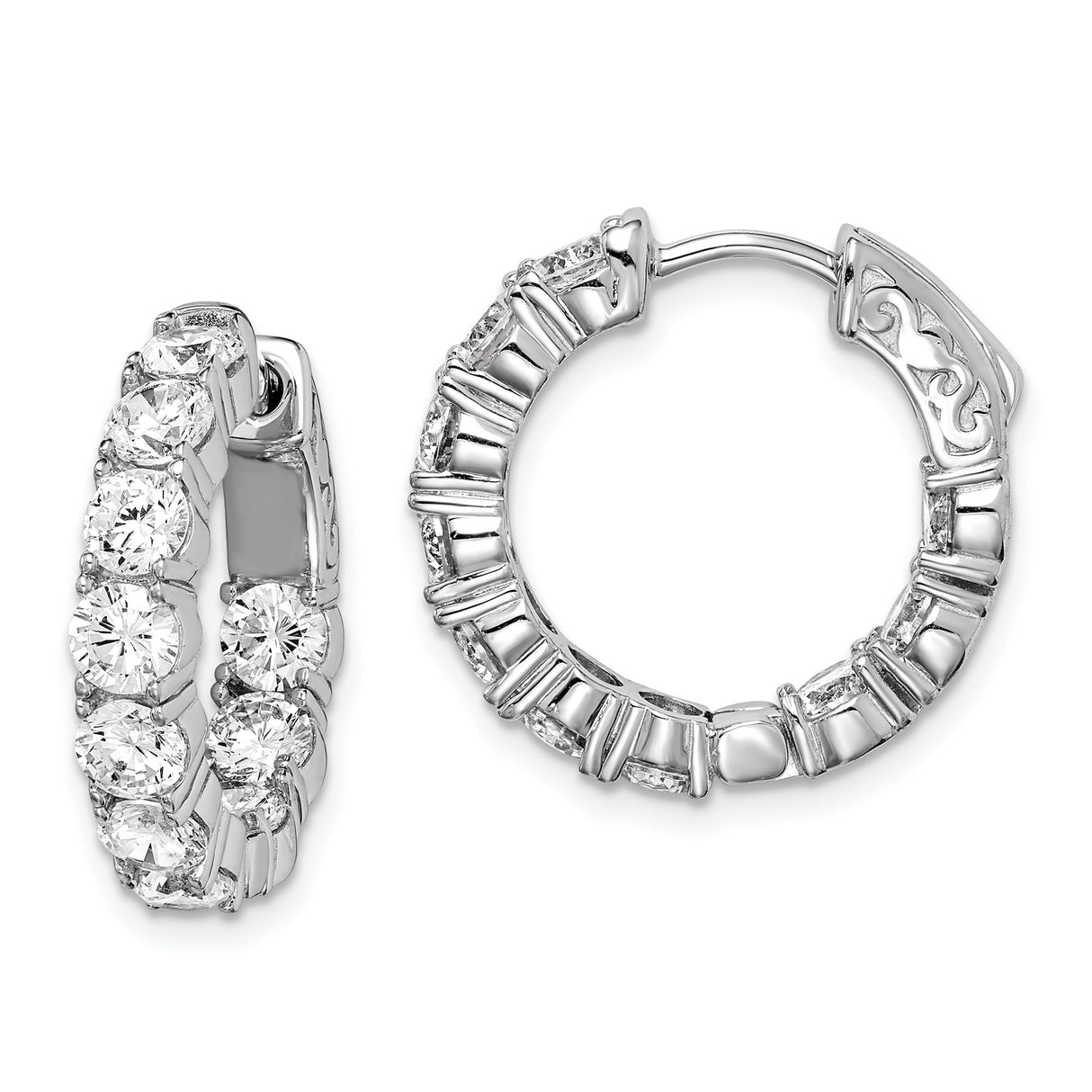 Sterling Silver Hoop Earrings with Cubic Zirconia, Prong Setting, Polished Finish, Scroll Detail