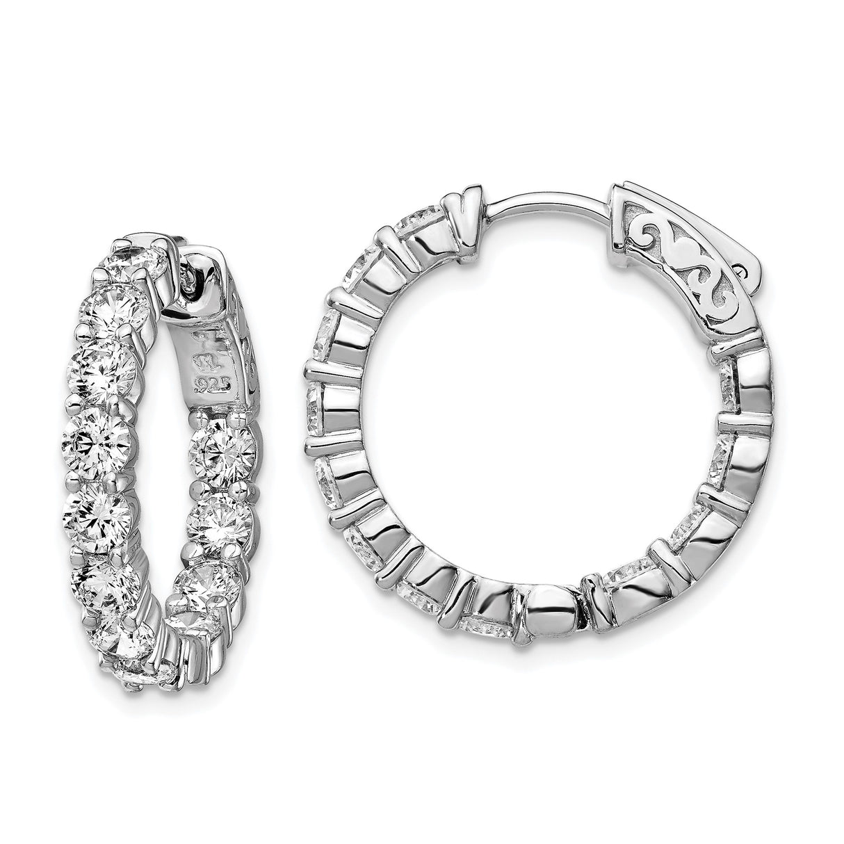 Sterling Silver Hoop Earrings with Round Cut Cubic Zirconia Inside Out Design