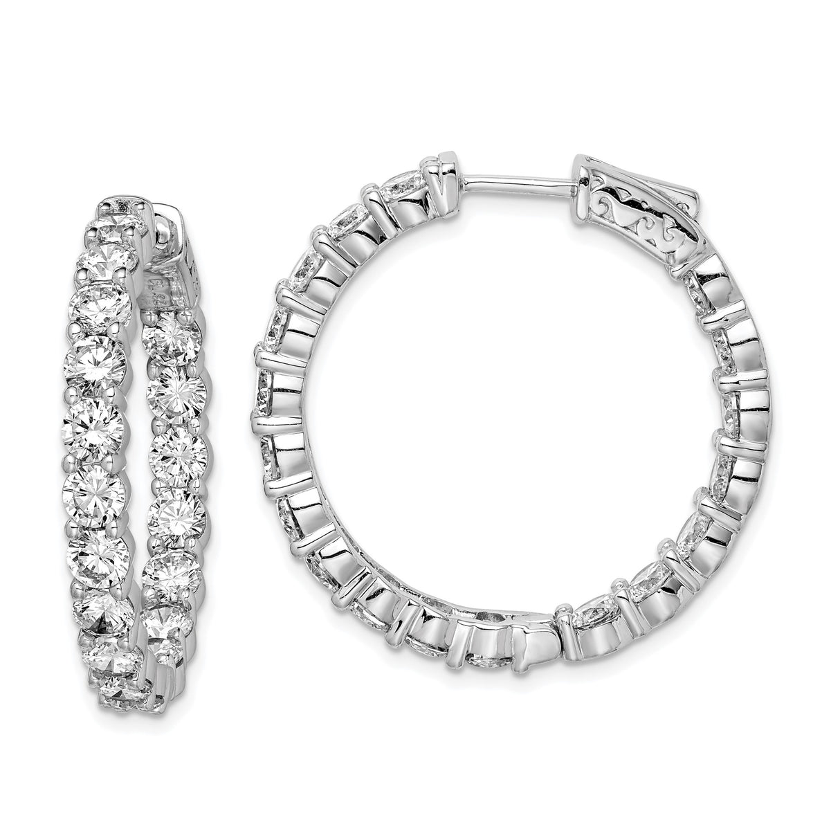 Sterling Silver Hoop Earrings with Round Cut Cubic Zirconia, Prong Set Full Circle Design