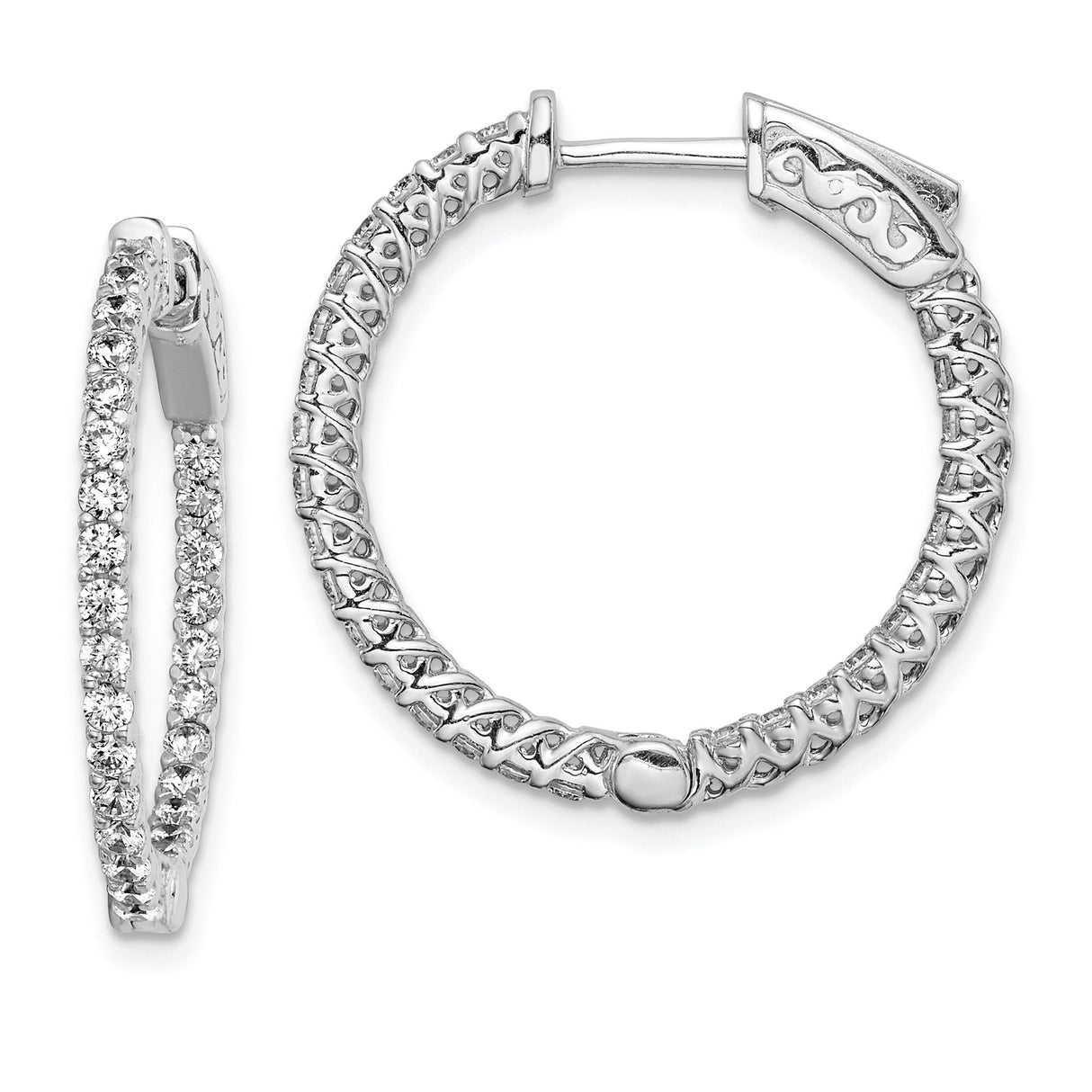 Sterling Silver Hoop Earrings with Cubic Zirconia, Lattice Design, Hinged Closure