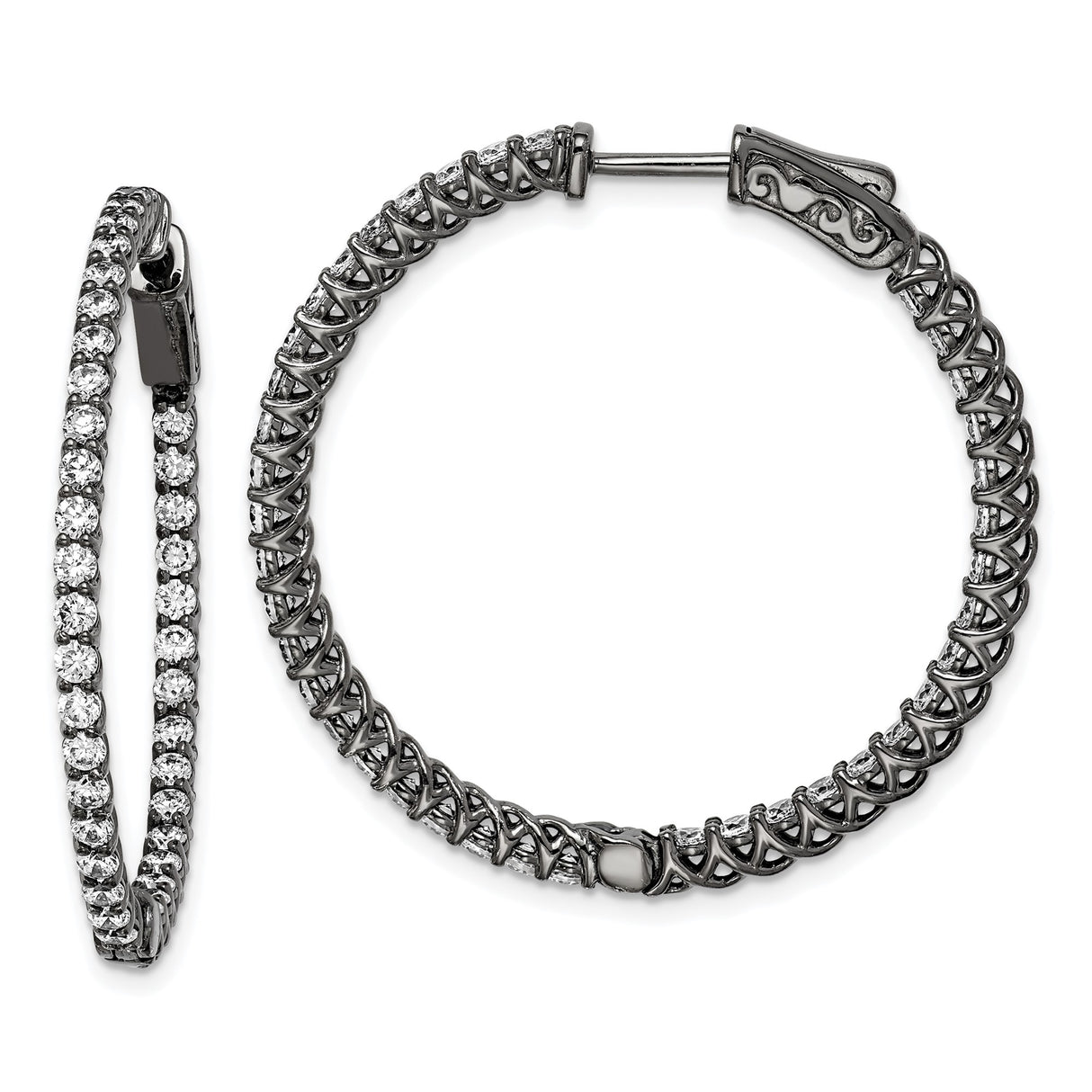 Sterling Silver Hoop Earrings with Cubic Zirconia, Black Rhodium Finish, Inside-Out Design