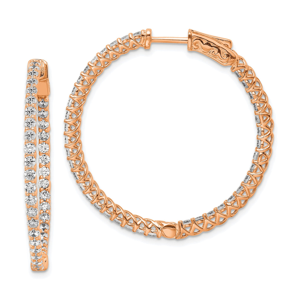 Sterling Silver Hoop Earrings with Cubic Zirconia, Rose Gold Plated Crisscross Lattice Design