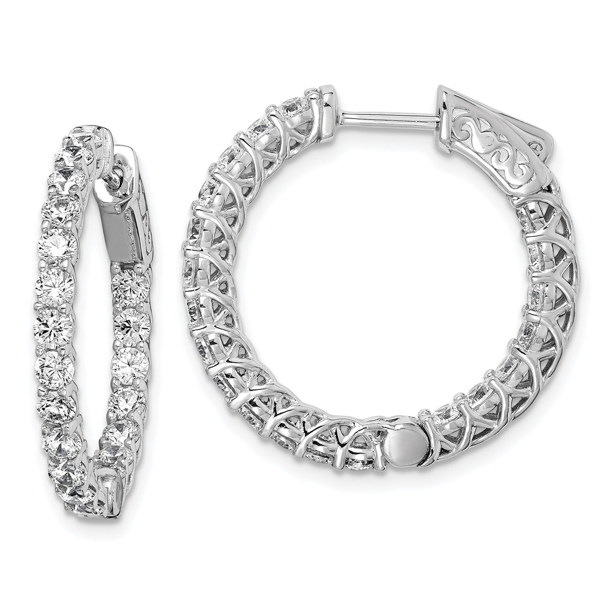 Sterling Silver Hoop Earrings with Round Cut Cubic Zirconia and Lattice Detail