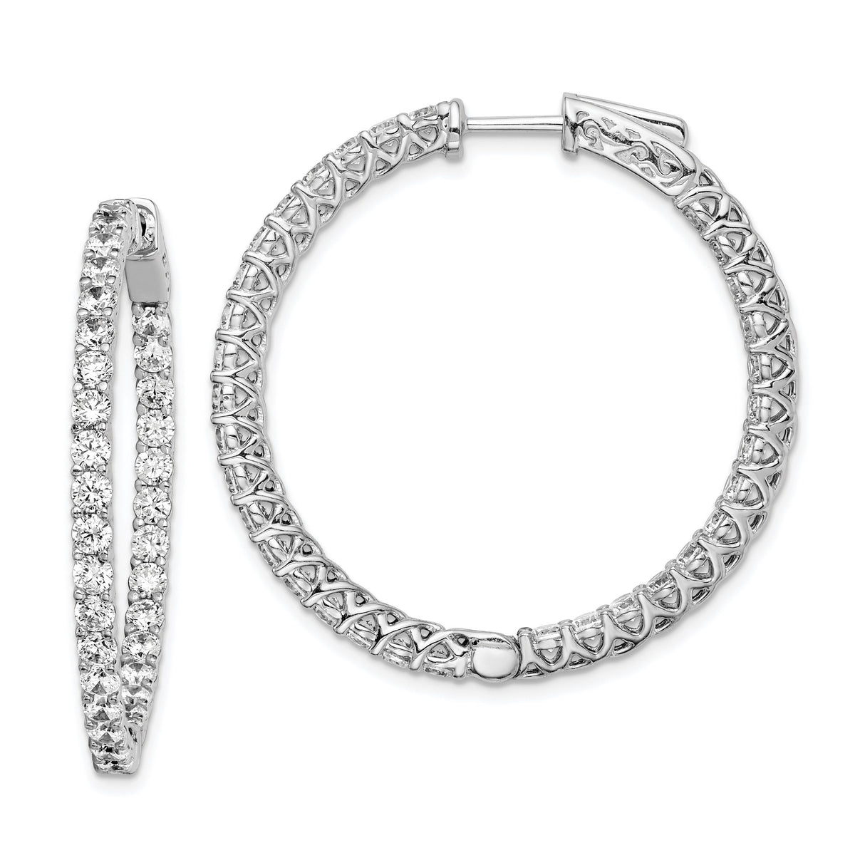 Sterling Silver Hoop Earrings with Double Row Cubic Zirconia and Openwork Design