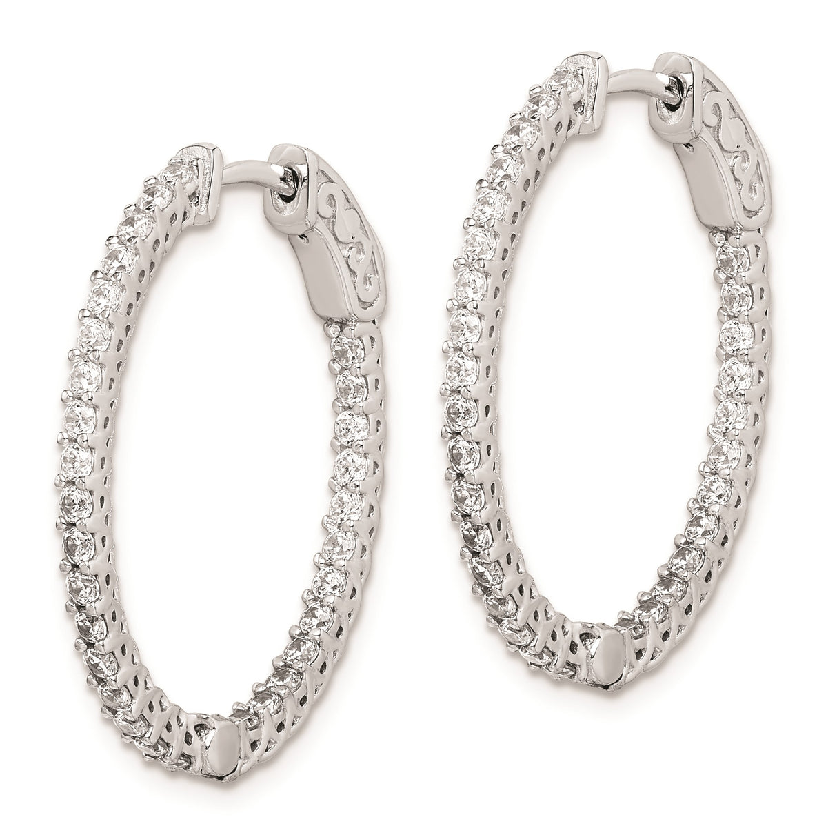 Sterling Silver Oval Hoop Earrings with Double Row Cubic Zirconia and Filigree Design