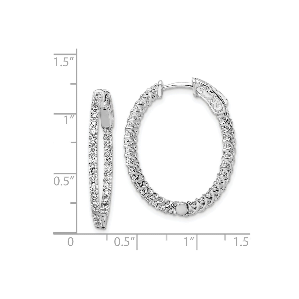 Sterling Silver Oval Hoop Earrings with Double Row Cubic Zirconia and Filigree Design