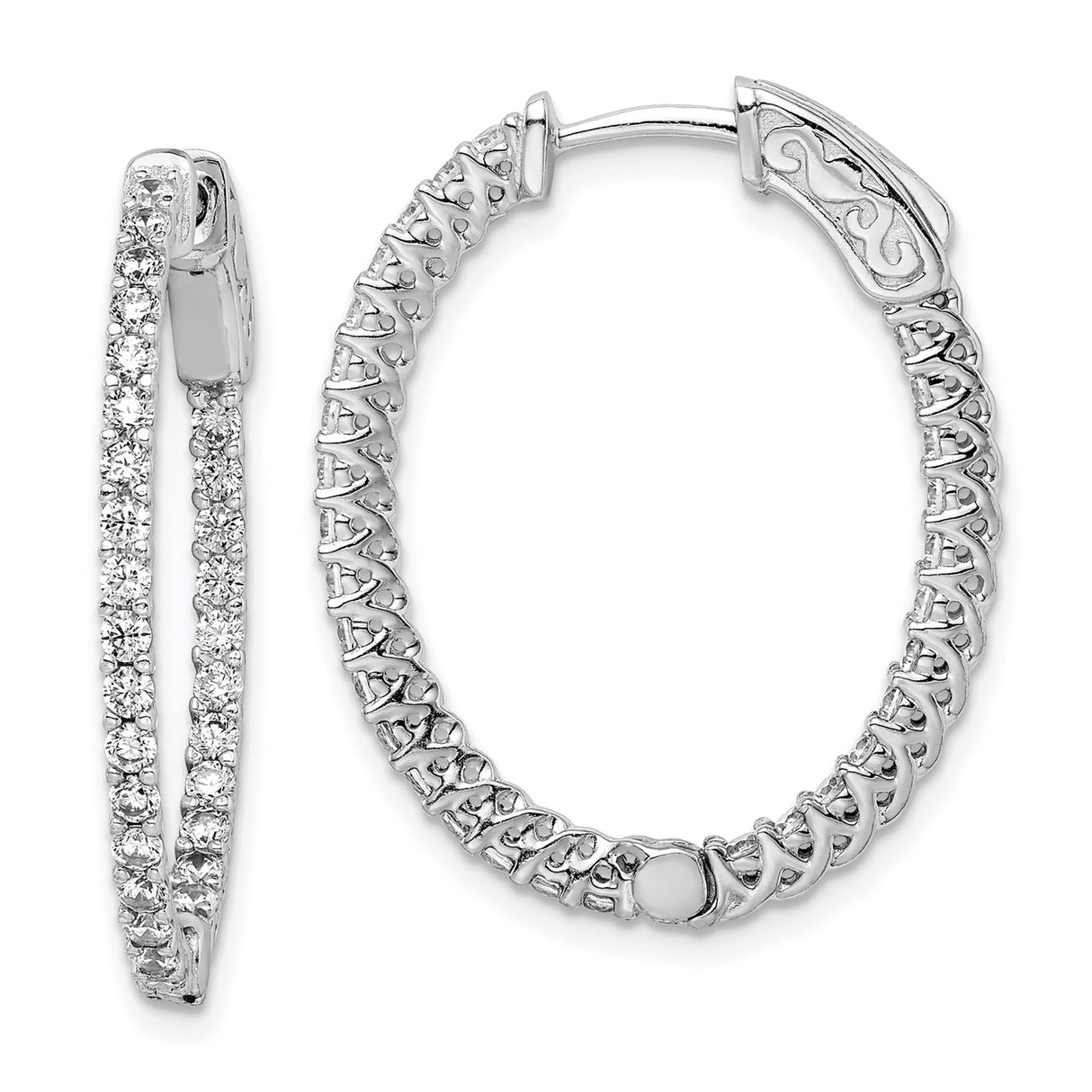 Sterling Silver Oval Hoop Earrings with Double Row Cubic Zirconia and Filigree Design