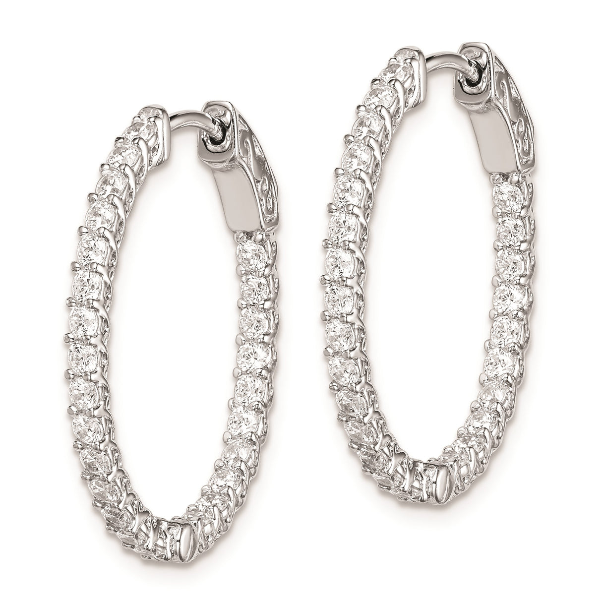 Sterling Silver Hoop Earrings with Cubic Zirconia and Crisscross Filigree Back Design
