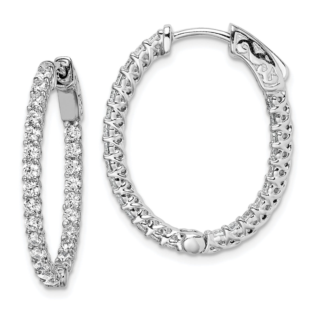 Sterling Silver Hoop Earrings with Cubic Zirconia and Crisscross Filigree Back Design