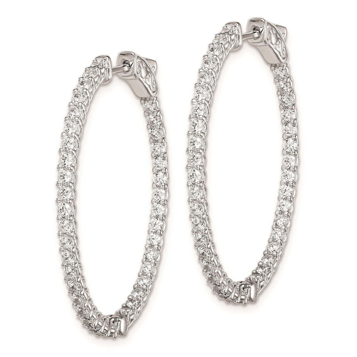 Sterling Silver Hoop Earrings with Round Cut Cubic Zirconia, Filigree Sides, Lightweight Design