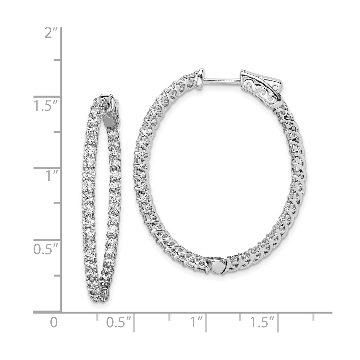 Sterling Silver Hoop Earrings with Round Cut Cubic Zirconia, Filigree Sides, Lightweight Design