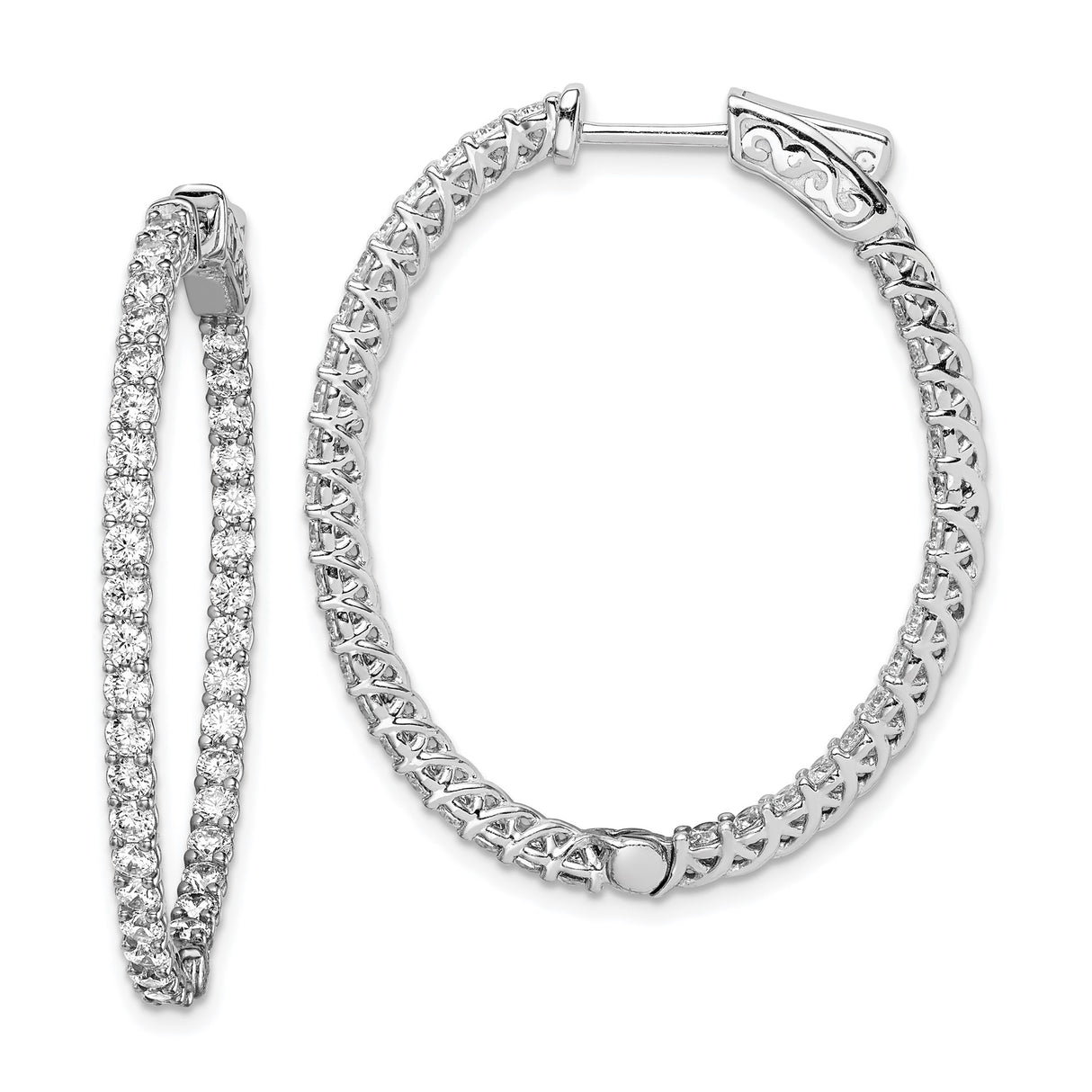 Sterling Silver Hoop Earrings with Round Cut Cubic Zirconia, Filigree Sides, Lightweight Design