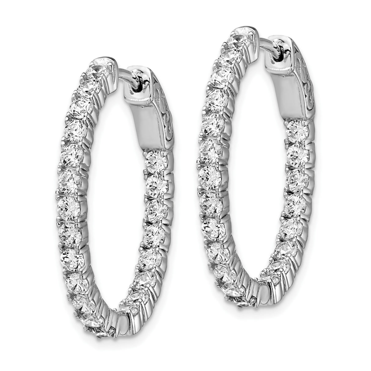 Sterling Silver Hoop Earrings with Cubic Zirconia, Oval Front-Facing Textured Design