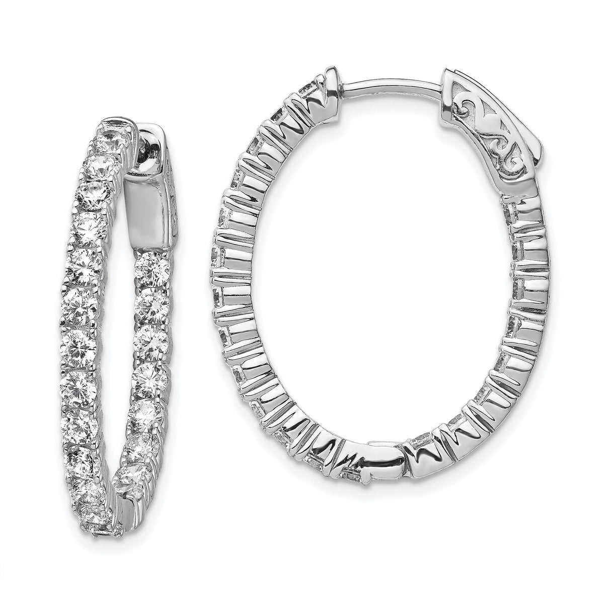 Sterling Silver Hoop Earrings with Cubic Zirconia, Oval Front-Facing Textured Design