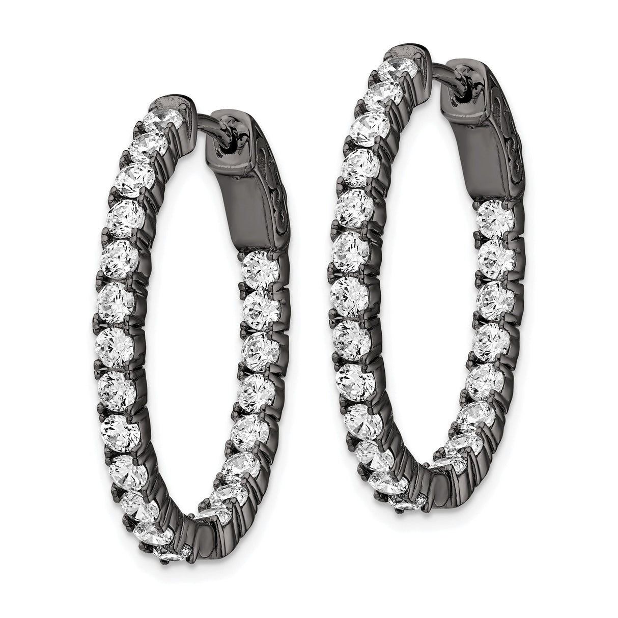 Sterling Silver Oval Hoop Earrings with Cubic Zirconia, Black Rhodium Finish, Scrollwork Design