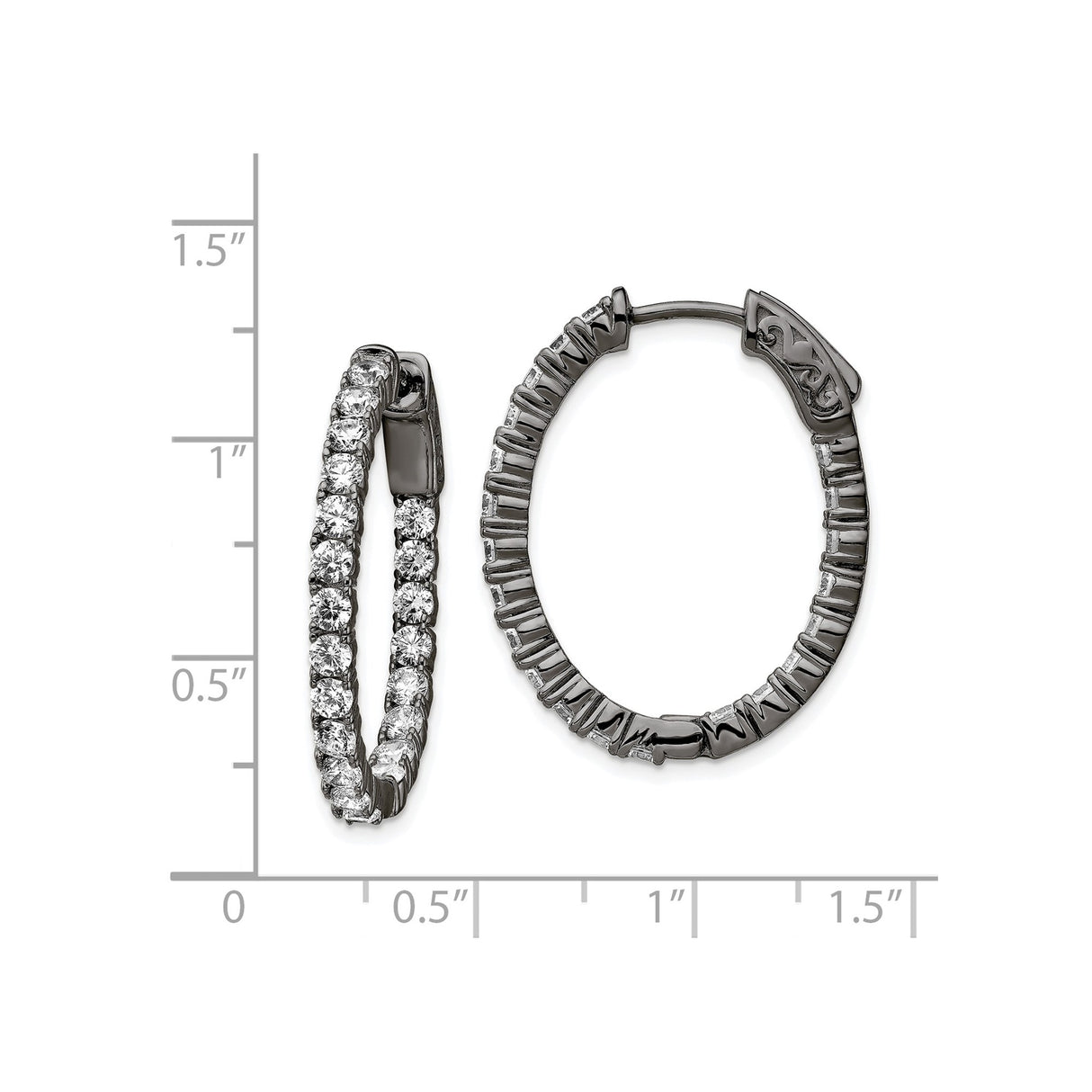 Sterling Silver Oval Hoop Earrings with Cubic Zirconia, Black Rhodium Finish, Scrollwork Design