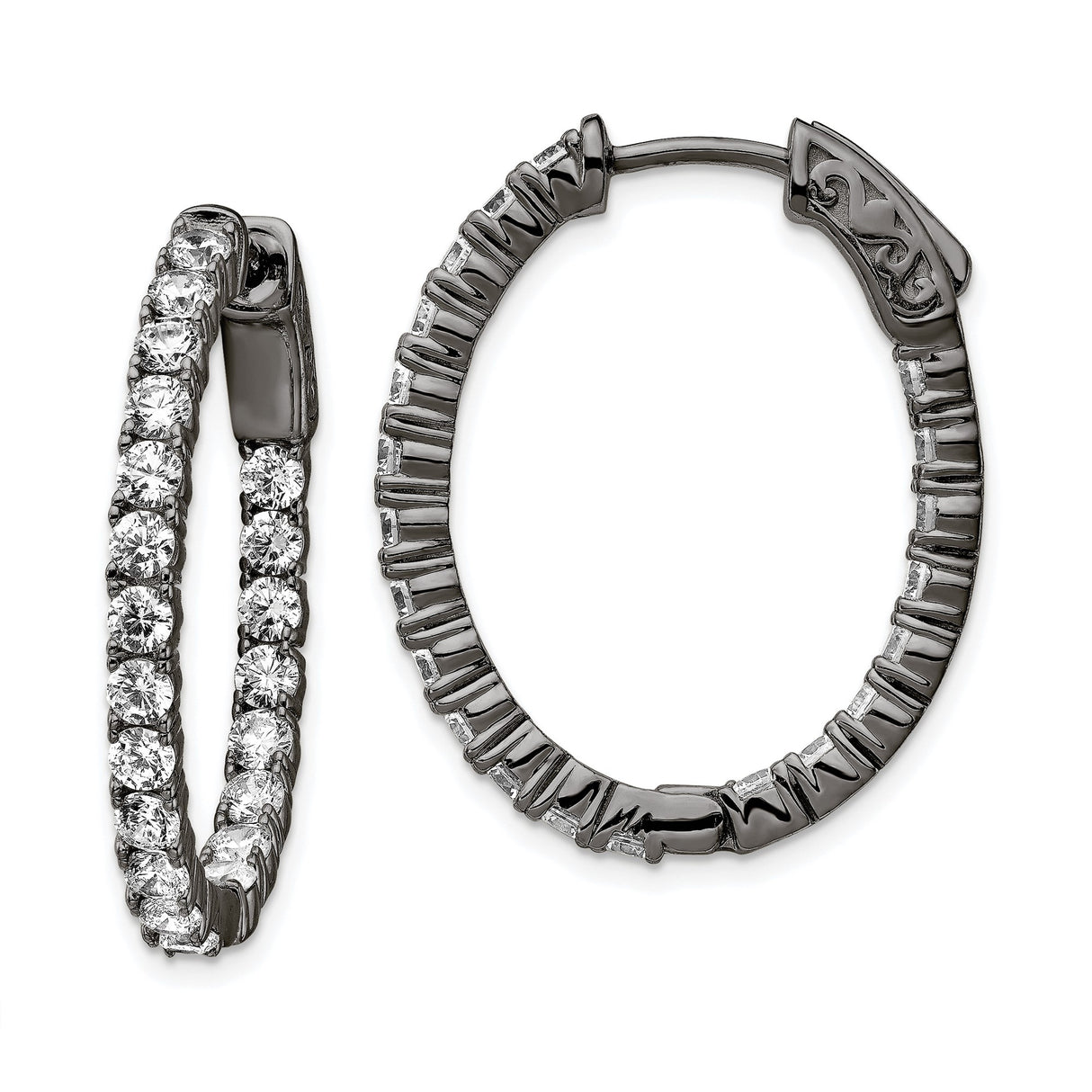 Sterling Silver Oval Hoop Earrings with Cubic Zirconia, Black Rhodium Finish, Scrollwork Design