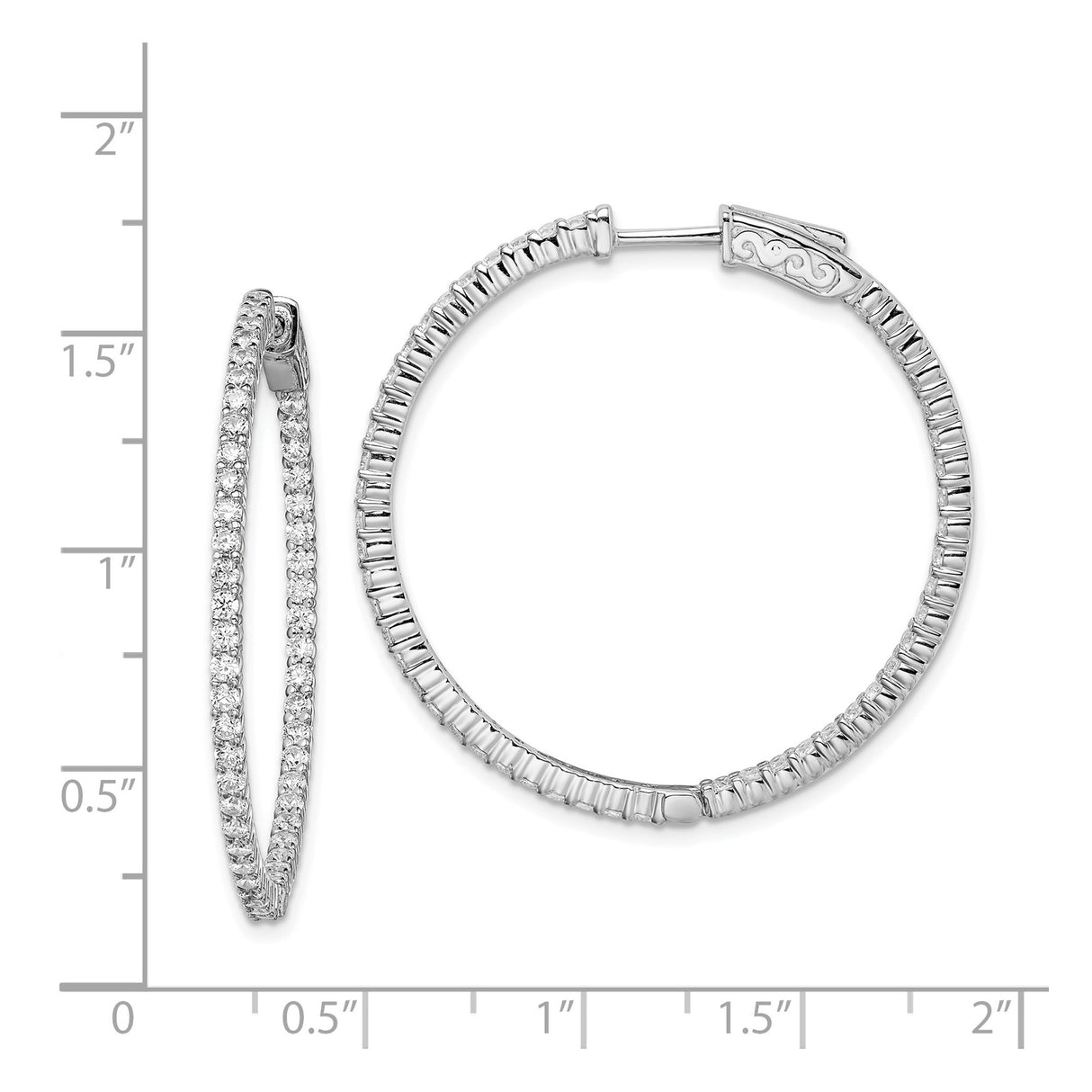 Sterling Silver Hoop Earrings with Cubic Zirconia Accents, Scroll Detailing, Hinged Clasp